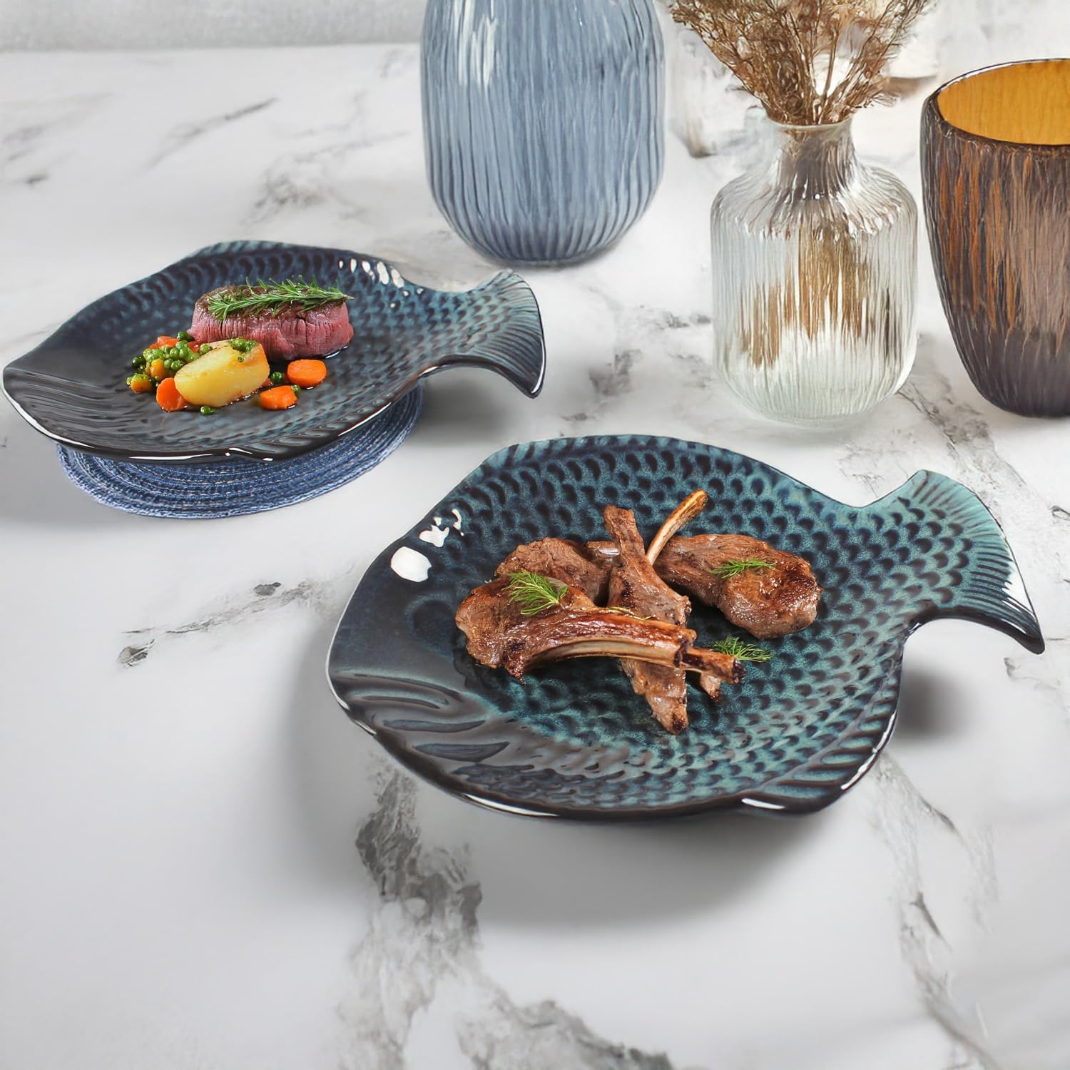 Ceramic Dinner Plates - Set of 4 Fish-Shaped Dinner Plates, a modern kitchen tabletop, fruit plate, salad plate, and dinner plate.