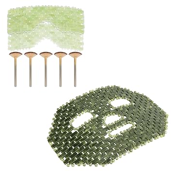 2Pcs Jade Eye Mask & Jade Eye Mask & 5 Pieces Facial Fan Mask Brush, Jade Facial Cooling Mask and Brushes Tools Kit for Mud Cream Home Spa/Travel - Relieve Puffiness, Anti-Aging Beauty Supplies