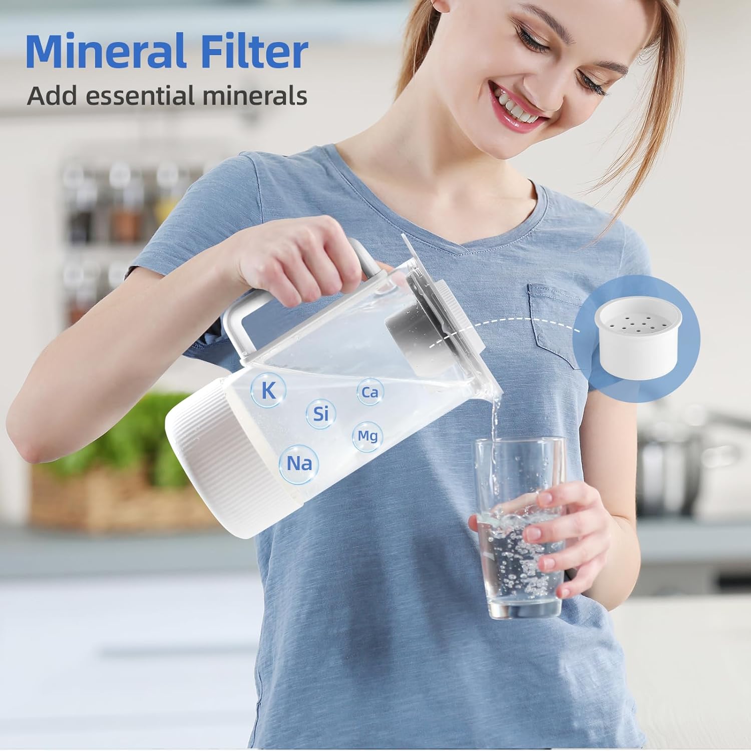 Woman pouring water from a pitcher with mineral icons (K, Si, Ca, Mg, Na) indicating mineral addition.