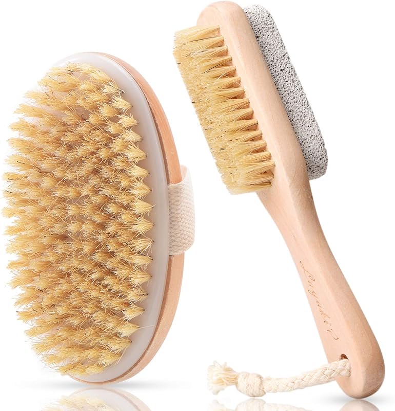 LAYUKI Body Brush for Dry or Wet Brushing and 2-Sided Foot File Scrubber Set, Exfoliating Skin, Cellulite Treatment, Foot File Scrubber with Pumice Stone