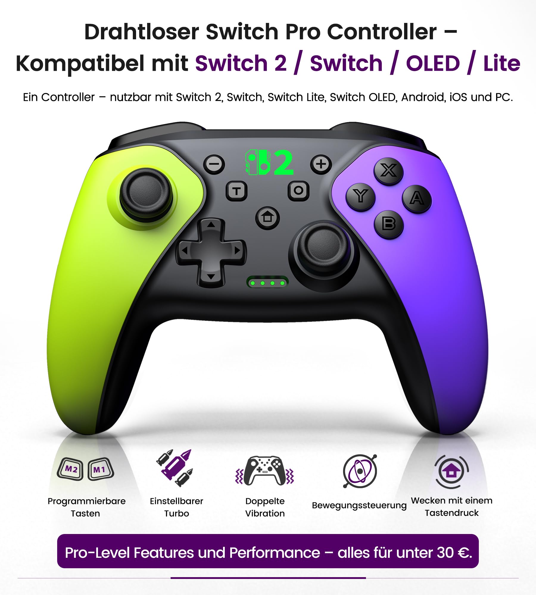 BEBONCOOL HOTS Switch Controller,Pro Controller für Switch 2/Switch 1/Lite/OLED–Aufwachfunktion/Wireless/Programmierbar/Turbo/Dual Vibration/15 Std Spieldauer,Ergonomisch Grün-Violett