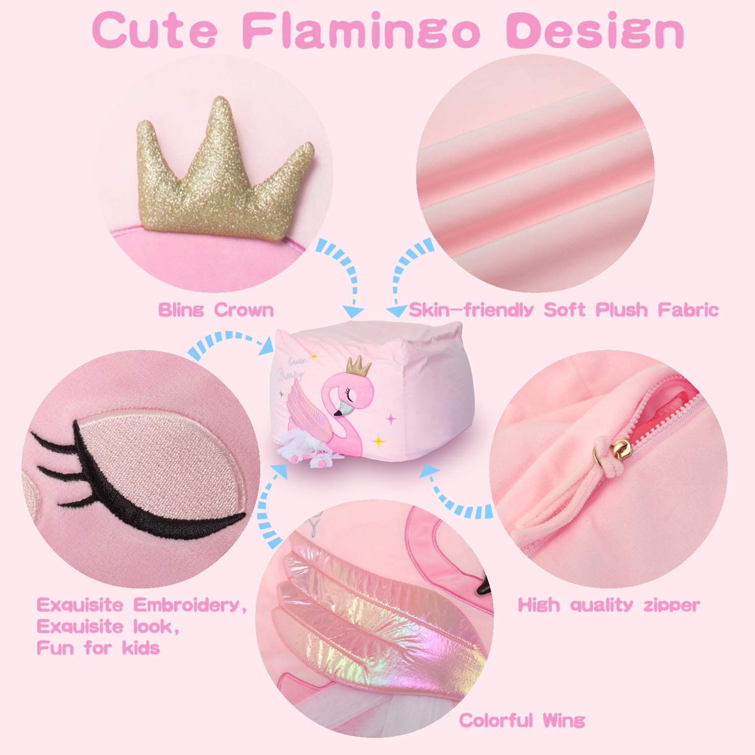 Yoweenton Flamingo Stuffed Animal Toy Storage for Kids Bean Bag Chair Cover Large Size 24x24 Inch Velvet Extra Soft Stuffed Organization for Girls Gift Pink Cover ONLY