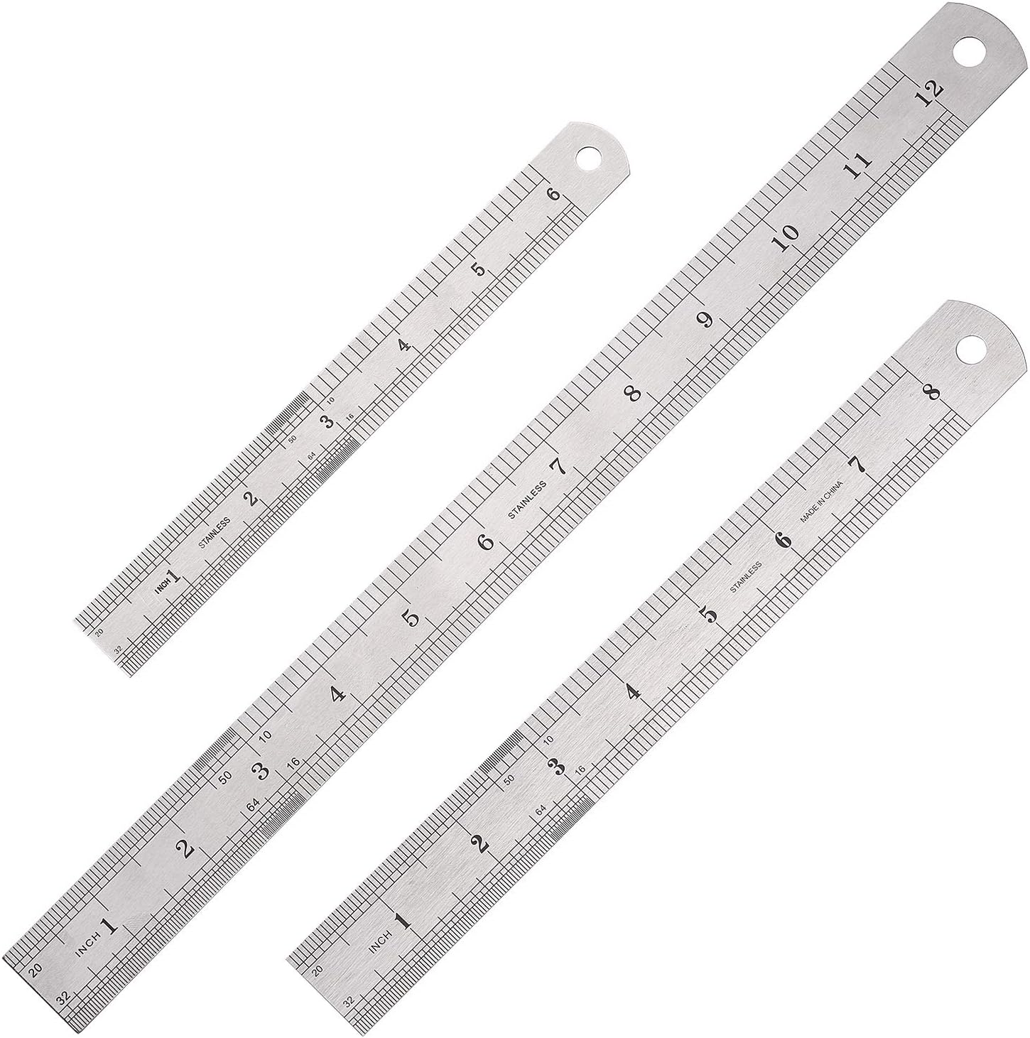 Elisel 3 Pack Stainless Steel Ruler Set with Inch and Metric Graduation, 12 Inch, 8 Inch and 6 Inch(Silvery)