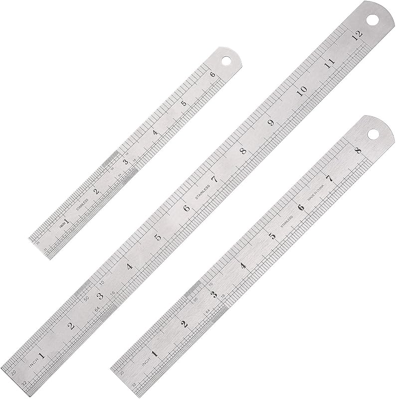 Elisel 3 PCS Stainless Steel Ruler Set with Inch and Metric Graduation, 12 Inch, 8 Inch and 6 Inch(Silvery)
