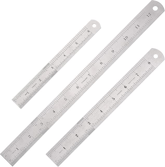 Elisel 3 PCS Stainless Steel Ruler Set with Inch and Metric Graduation, 12 Inch, 8 Inch and 6 Inch(Silvery)