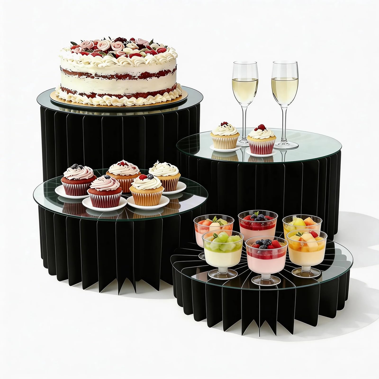 Photo 1 of ***USED***Wdpqyy 4 Pack Foldable Buffet Risers, Cardboard Cylinder Stands Food Display Risers with Acrylic Plates, Cake Cupcake Stands for Buffet Table, Dessert Table, Party Wedding Birthday Decor (Black)