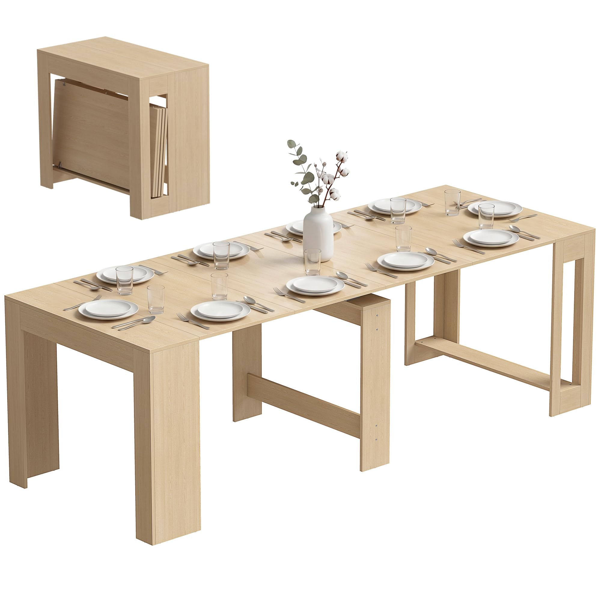 HOMCOM Tavolo da Pranzo Allungabile 48-240x90cm per 10 Marrone Chiaro | Tavolo Consolle Allungabile Rettangolare Salvaspazio, 4 Prolunghe, Soggiorno Cucina, Effetto Legno