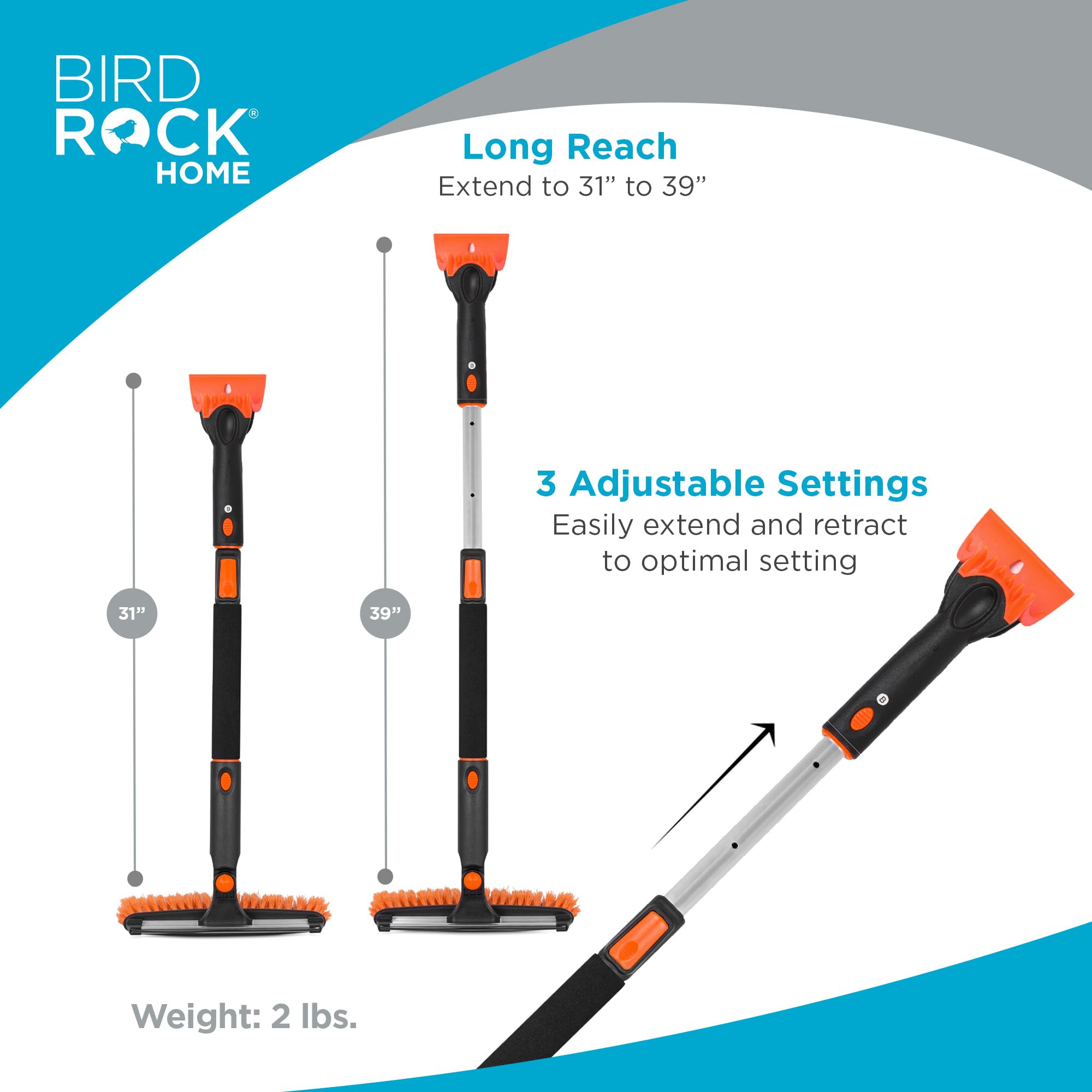 BIRDROCK HOME Spazzola da neve estensibile da 99,1 cm, con raschietto per ghiaccio rimovibile, per auto, 28 cm di larghezza, con setole, dimensioni: auto e SUV, corpo in alluminio leggero con