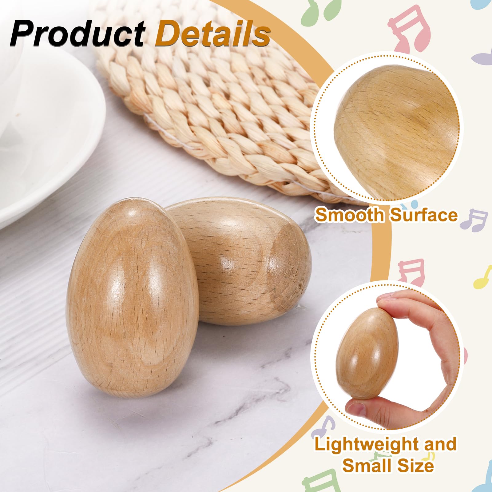 QUARKZMAN 6 Pcs Huevos De Madera Sonajeros Musicales Instrumentos De Percusión Manuales De Madera Para DIY Pintura Aprendizaje Musical Fiestas De Pascua Y Presentaciones (Color Madera)
