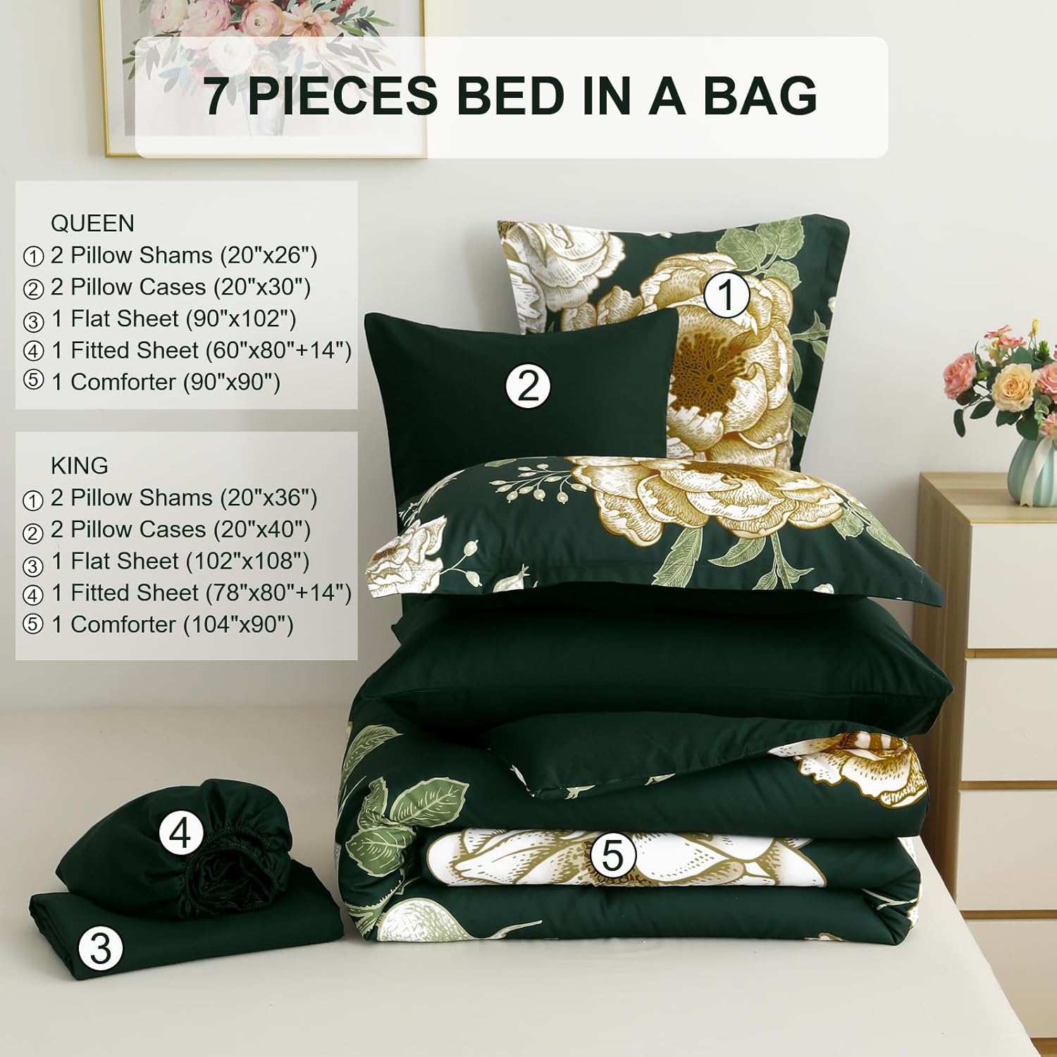 Luxudecor Floral Comforter Set King Size 7 Pieces Bed in a Bag,Beige Flower Print on Dark Green Bedding Set,Soft Microfiber Bedding Set for All Season (Dark Green,104"x90") - Image 6