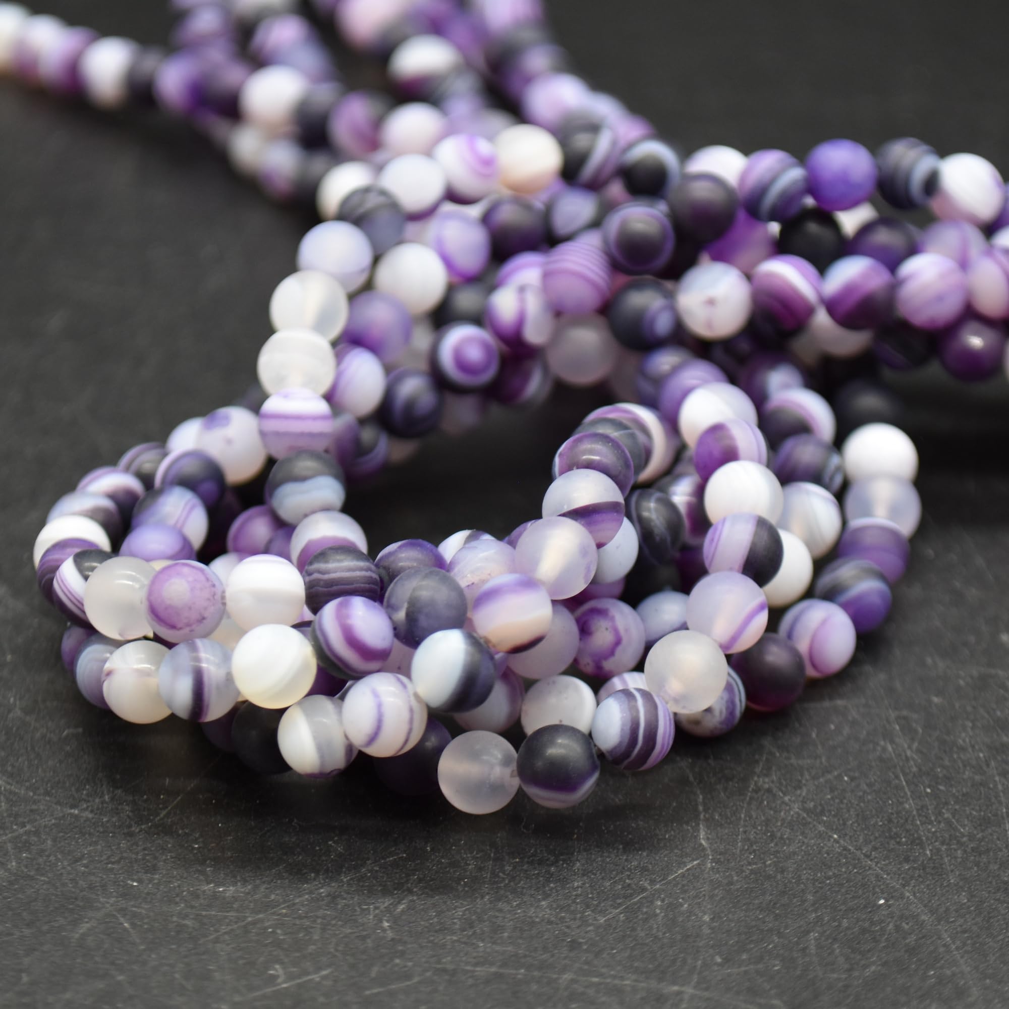 Grade A Natural Banded Purple Agate Frosted Matte Semi-Precious Gemstone Round Beads - 6mm
