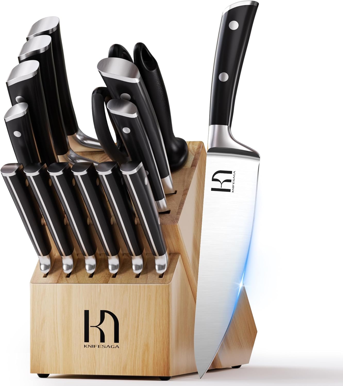 Knife Set, Premium 15 Pcs Kitchen Knife Block Set, Japanese High Carbon Stainless Steel Enduring Razor-Sharp Knives Set for Kitchen with Block and Sharpener, Black Chef Knife Set