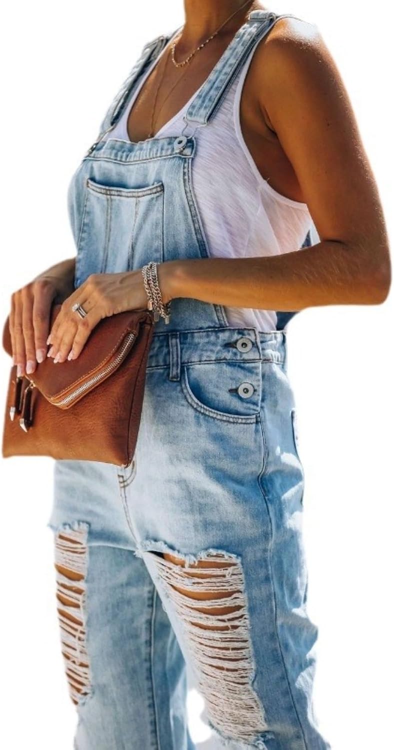 Womens Adjustable Straps Ripped Bib Overalls Casual Slim Fit Jumpsuits Summer Fashion Rompers for Women