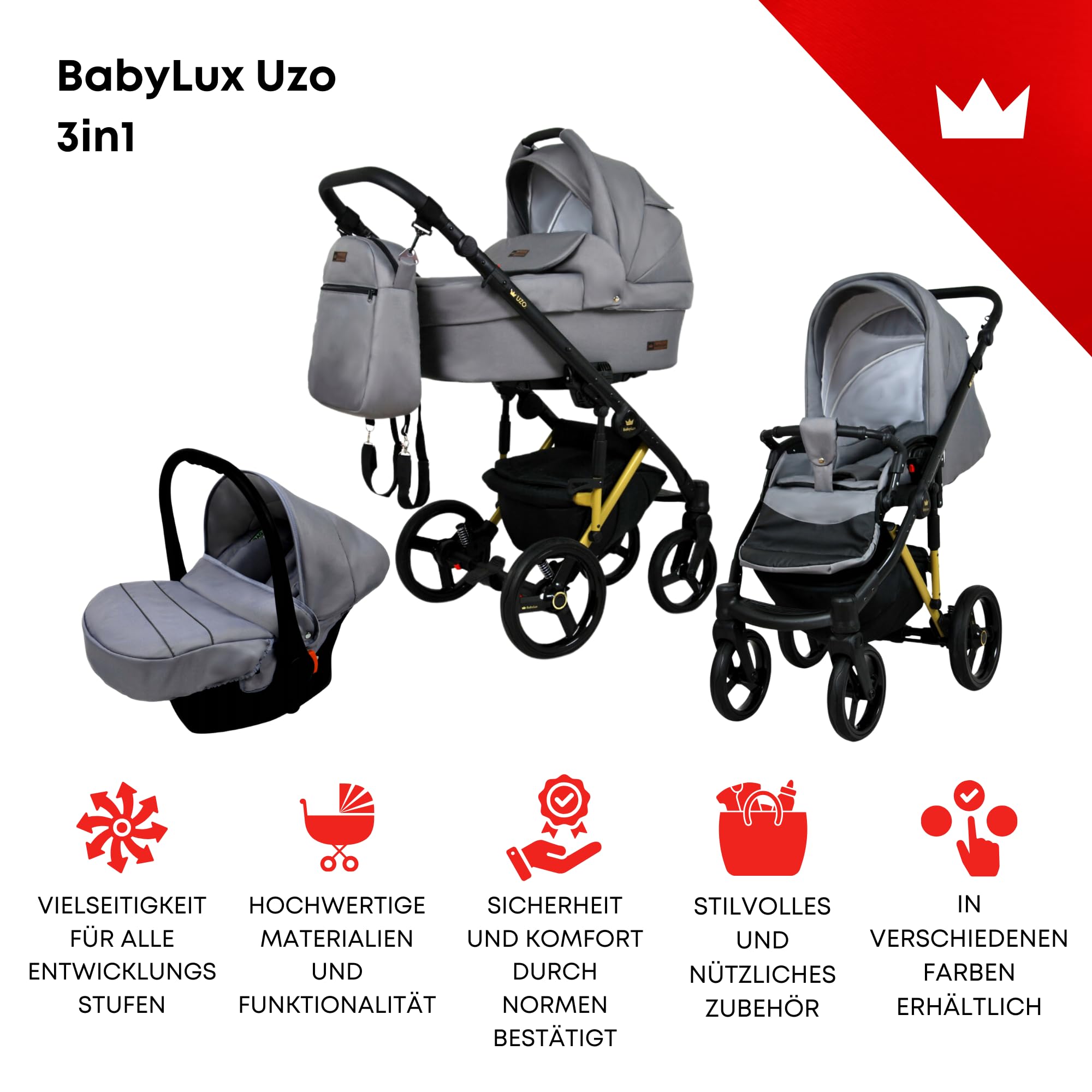 BabyLux® Carrito de Bebé Sistema de Viaje Set 3 en 1 - UZO - incl. Capazo, Silla de Paseo, Silla Coche - Cochecito - con Bolso cambiador, Cubierta para la lluvia, Mosquitera etc.