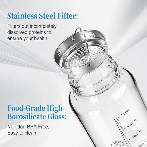 Miniatura 2 de Botella agitadora de vidrio, 22 onzas, sin BPA, sin olor, con bola de acero inoxidable 304 y cepillo de limpieza extraíble para mezclas de proteínas