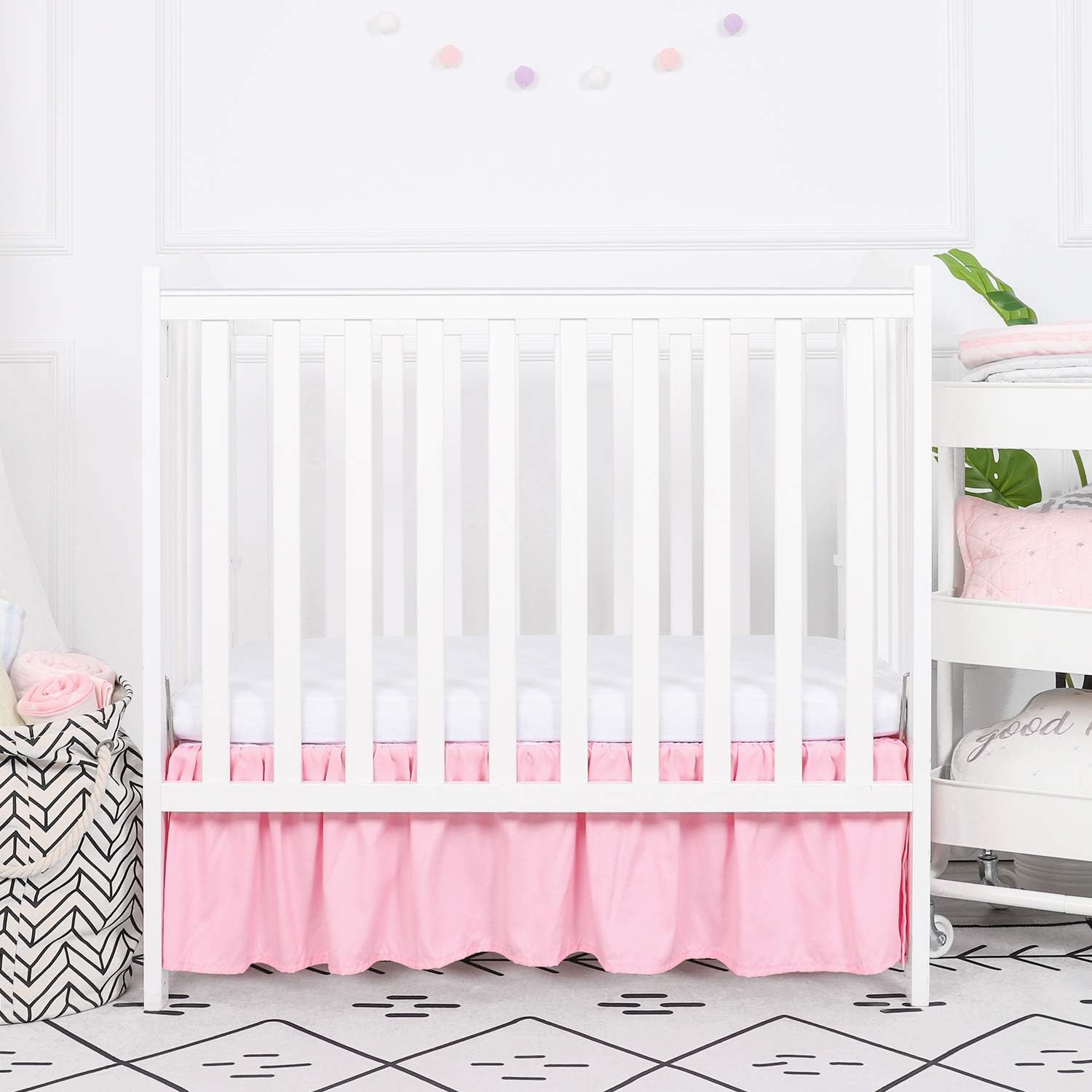 TILLYOU Mini Crib Skirt Ruffled, Microfiber Portable Crib Bed Skirt for Baby Girls and Boys, 24’' X 38’’, 10.5'‘ Drop Pink