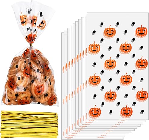 Bolsas de celofán con estampado de calabaza de Halloween, bolsas de celofán sellables con calor, bolsas de regalo y lazos dorados para regalo de