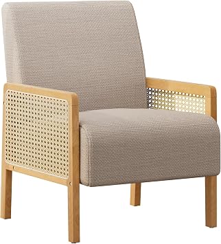 Rattan Accent Chair with Rattan Arms, Mid Century Modern Chair for Living Room, Linen Upholstered Comfy Chair for Bedroom, Reading Room, Home Office, Brown