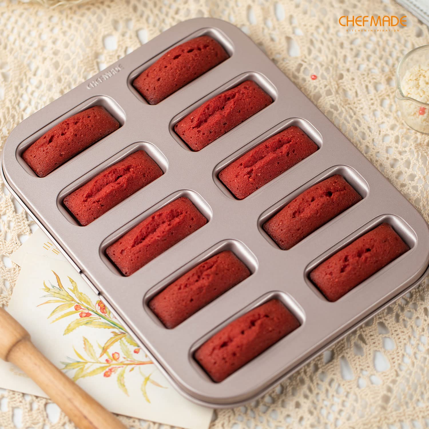 CHEFMADE Financier Cake Pan, 10-Cavity Non-Stick Rectangle Muffin Pan Biscuits Cookies Bakeware for Oven Baking (Champagne Gold) - Image 4