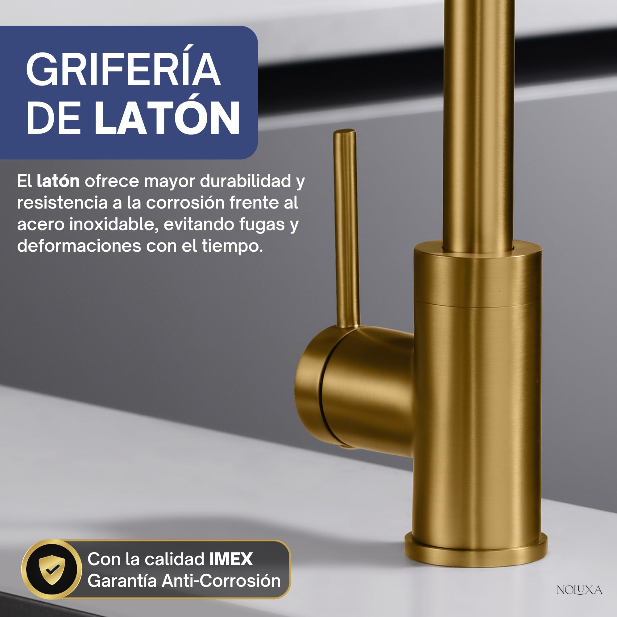 IMEX - Grifo Cocina Dorado Caño Alto | Grifo Monomando Fregadero | Griferia Cocina | Grifo en Latón con Cartucho Cerámico Ø35mm | Serie Loira | Color Oro Cepillado