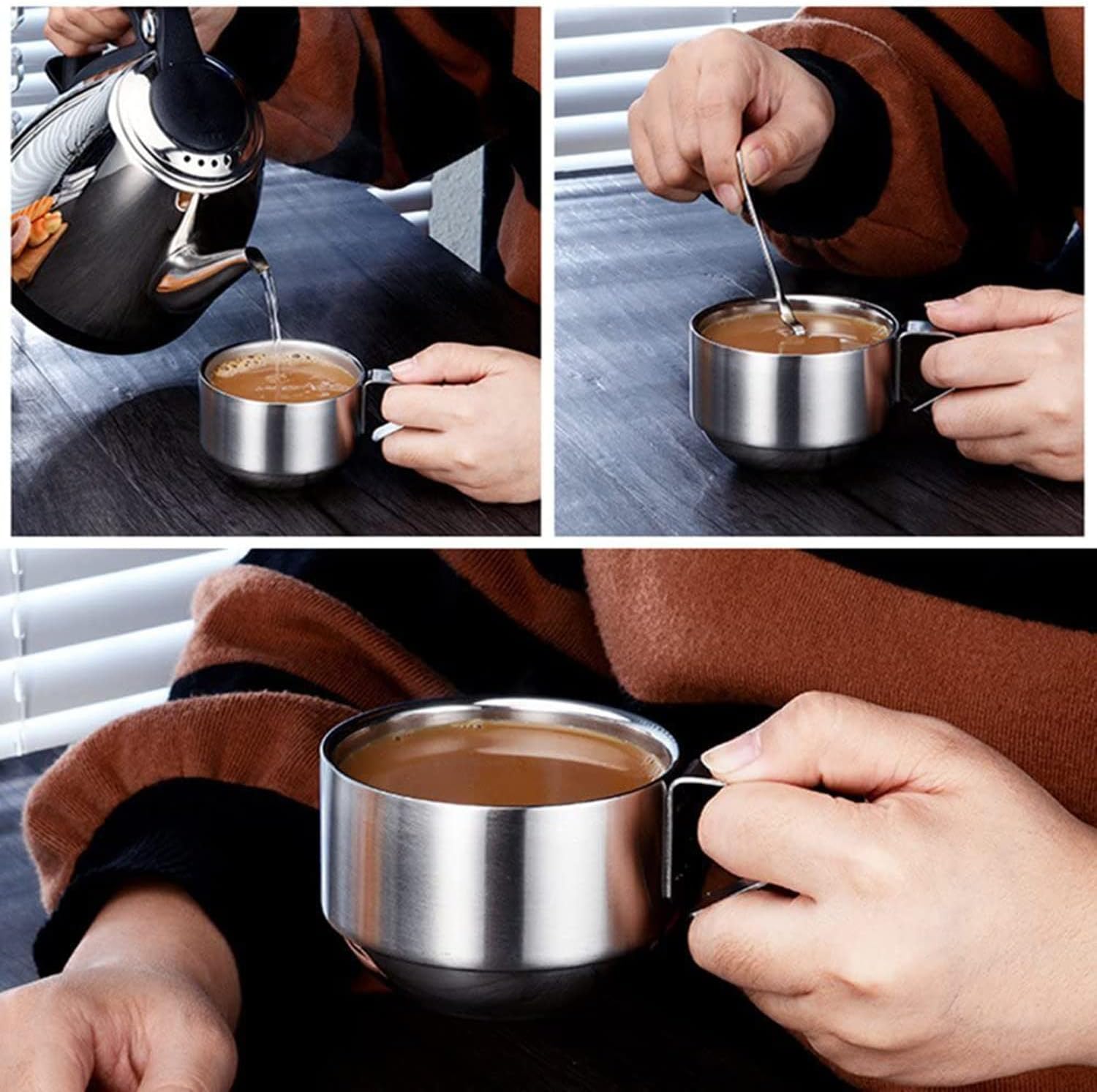 SZCXTOP 6.8 Oz Stainless Steel Coffee Cups Set of 6 Mug,Stackable Double Heat Insulation Metal Coffee Mugs with Stand Rack,Perfect for Cold Drinks or Hot Drink (6)