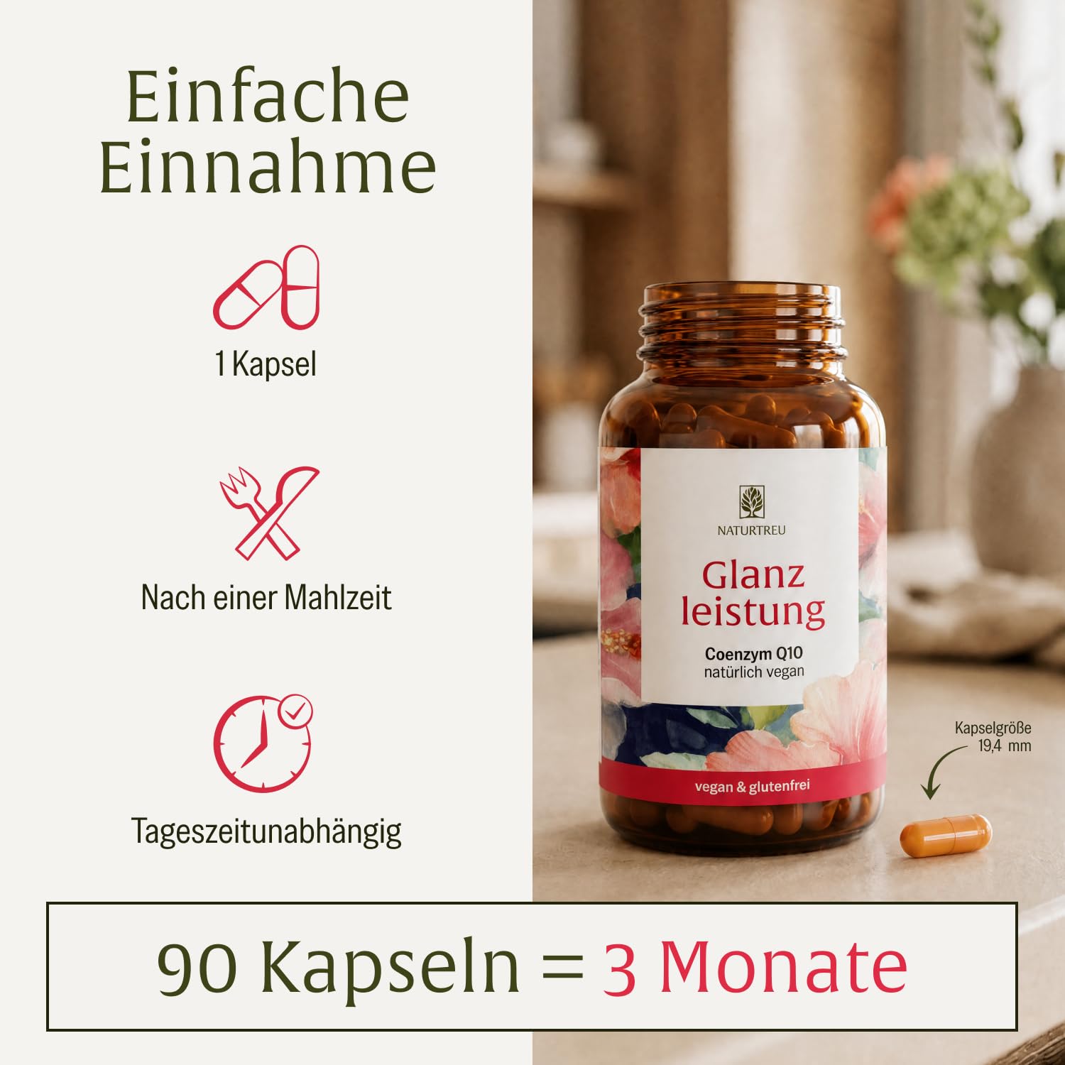 NATURTREU® Coenzym Q10 Kapseln hochdosiert mit 200mg pro Kapsel - 90 vegane Kapseln für 3 Monate - reines Ubiquinon aus pflanzlicher Fermentation - 100% vegan