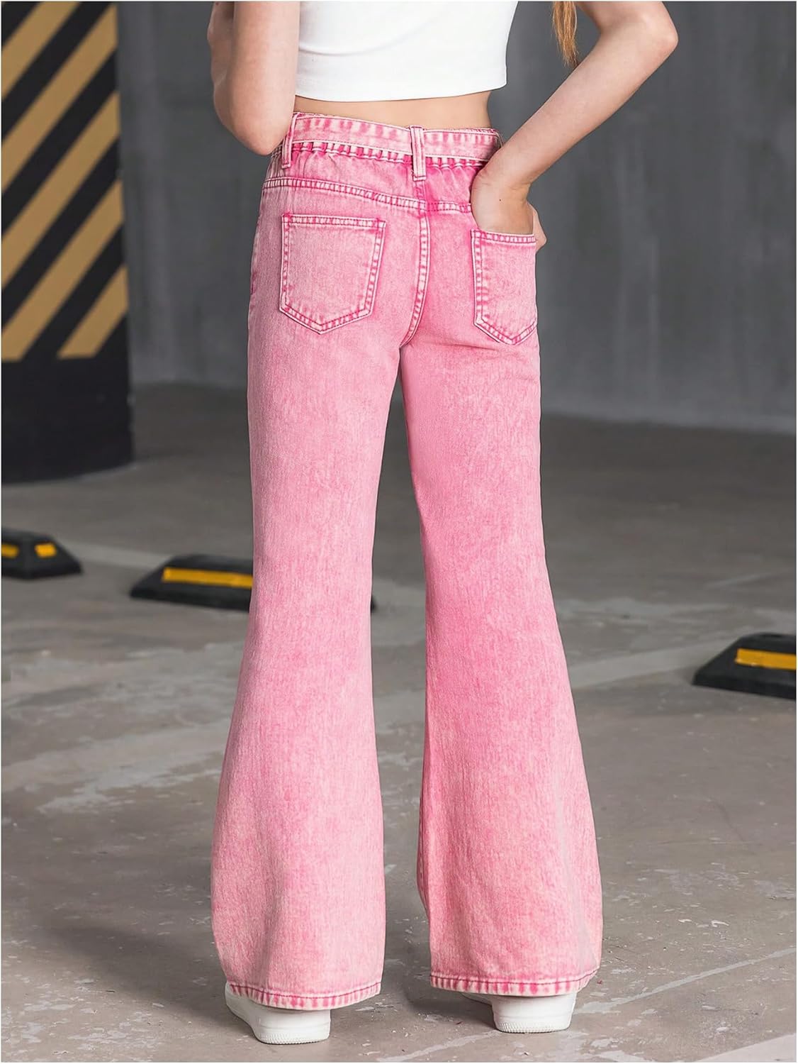 WDIRARA Girl's High Waist Flare Leg Jeans Washed Belted Y2k Denim Pants with Pockets - Image 2