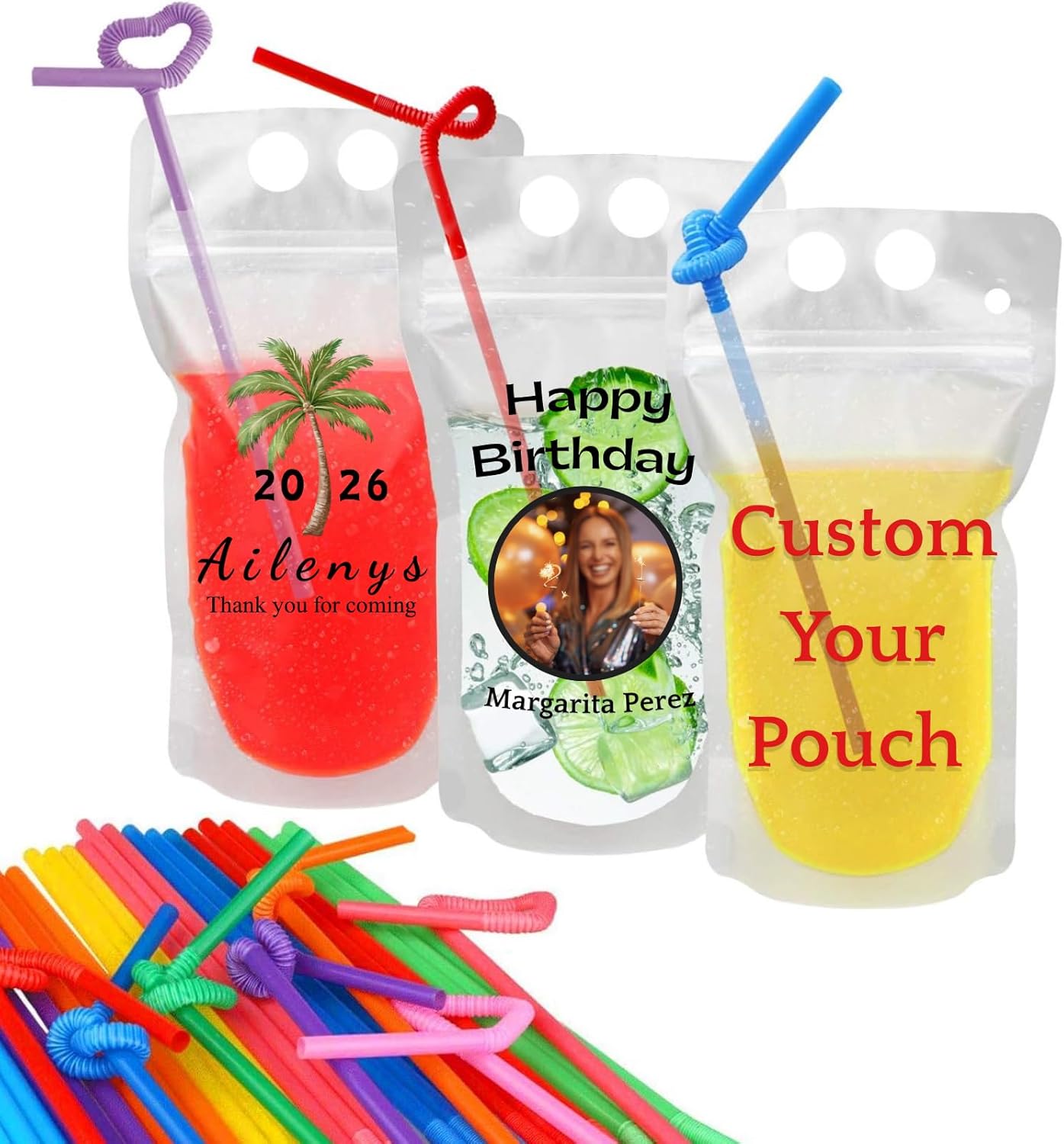 12 Pcs Custom Birthday Drink Pouches with Straws, Custom Photo/Text Beverage Summer Beach Pool Drink Bags, Personalized Poolside Tropical Outdoor Party Supplies