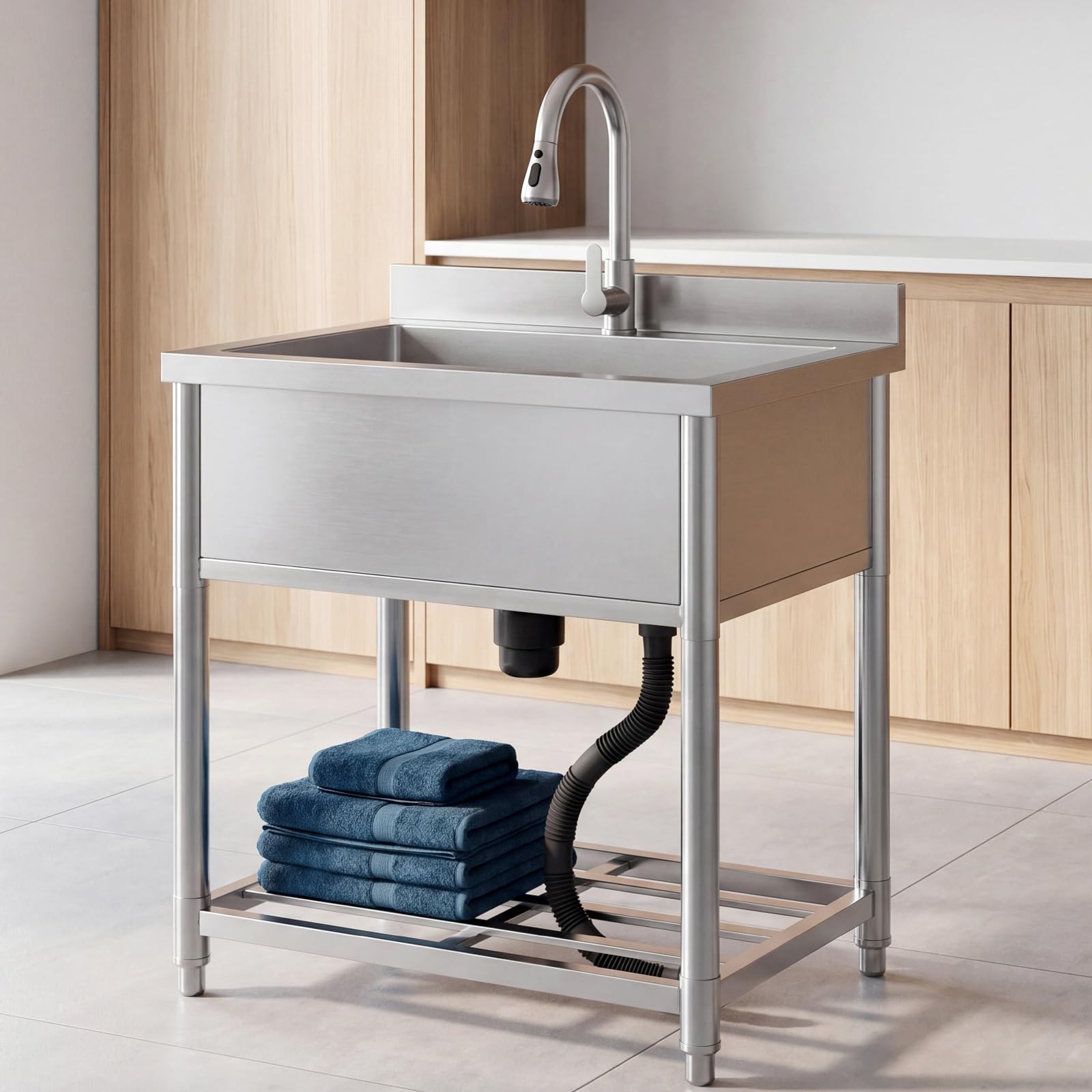 70cm Gran Fregadero de Acero Inoxidable Independiente con Grifo | Fregadero de Cocina Comercial, Fregadero de Inox para Exterior, Cocina, Lavadero, 57 x 90 x 94 cm