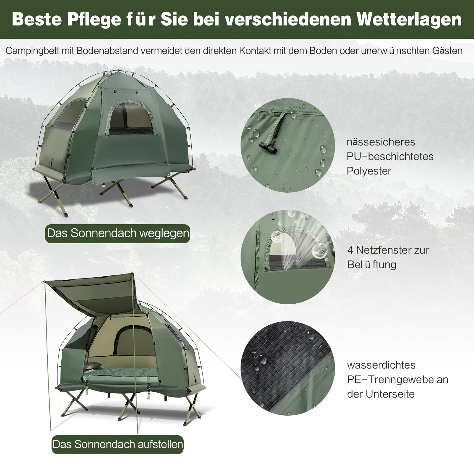 GOPLUS Feldbett mit Zelt für 1 Personen, 5 in 1 Campingzelt wasserdicht mit Sonnenschutz, Luftmatratze, Kissen, Schlafsack & Tragetasche, Campingliege Campingbett zum Wandern und Picknick
