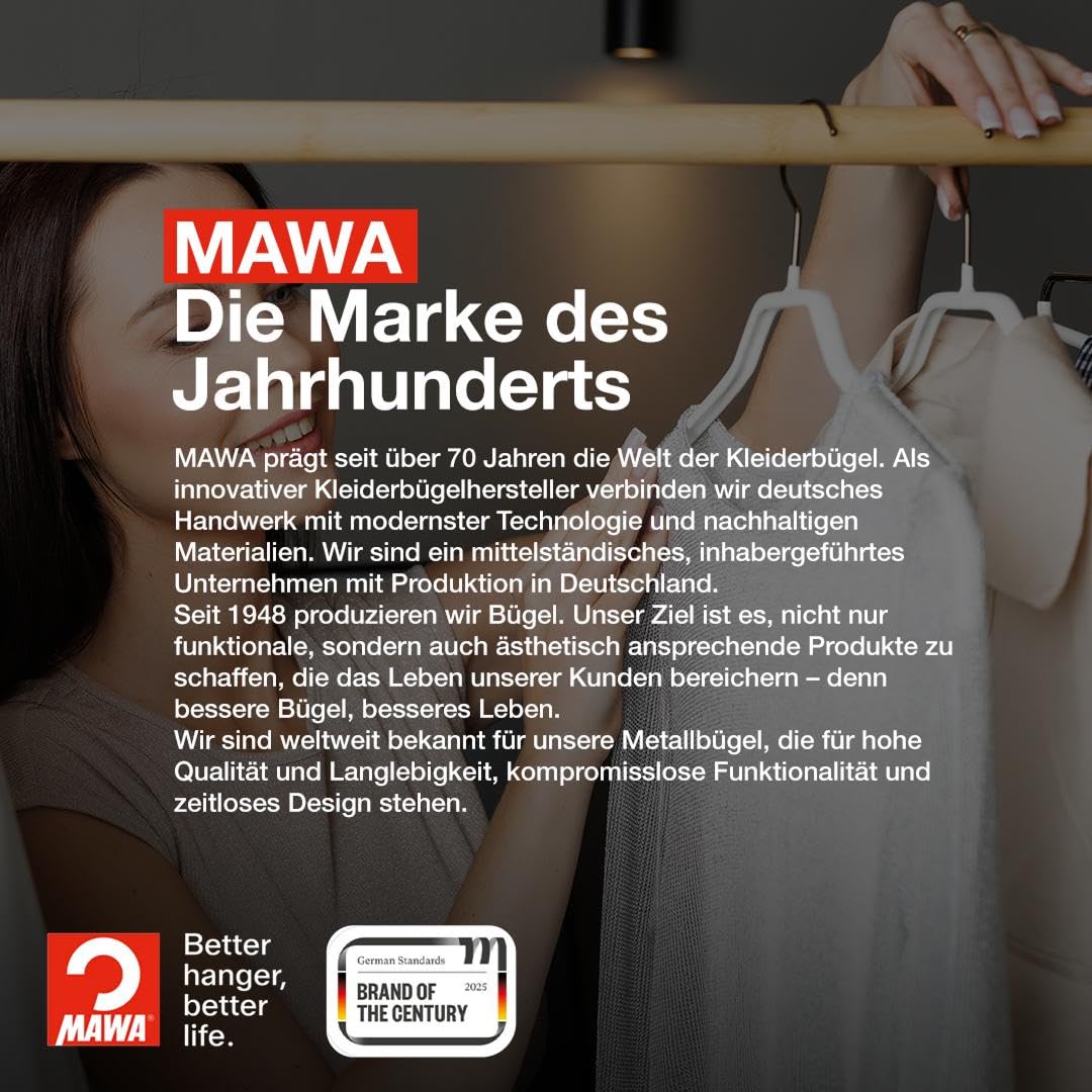 MAWA Kleiderbügel, Set mit 10 körpergeformten Metallkleiderbügeln, ideal für Mäntel, Jacken, Blazer und Anzüge, 360° drehbarer Haken, Antirutschbeschichtung, 38 cm, Weiß