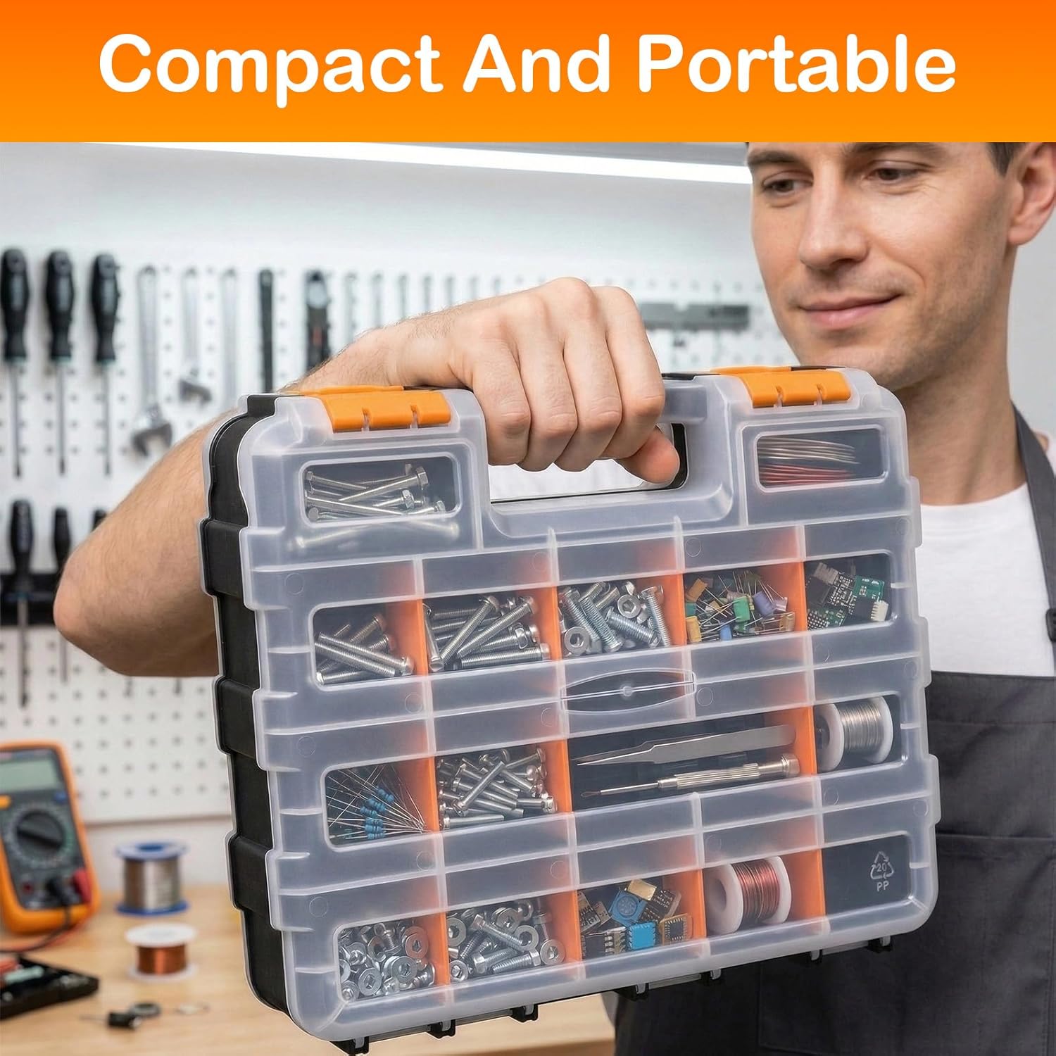 Plastic Tool Box,Double Side Tool Organizer Small Parts Tool Box Hardware Organizer with Removable Plastic Dividers for Bead/Screws/Nuts/Nails/Bolts/Bins/Crafts