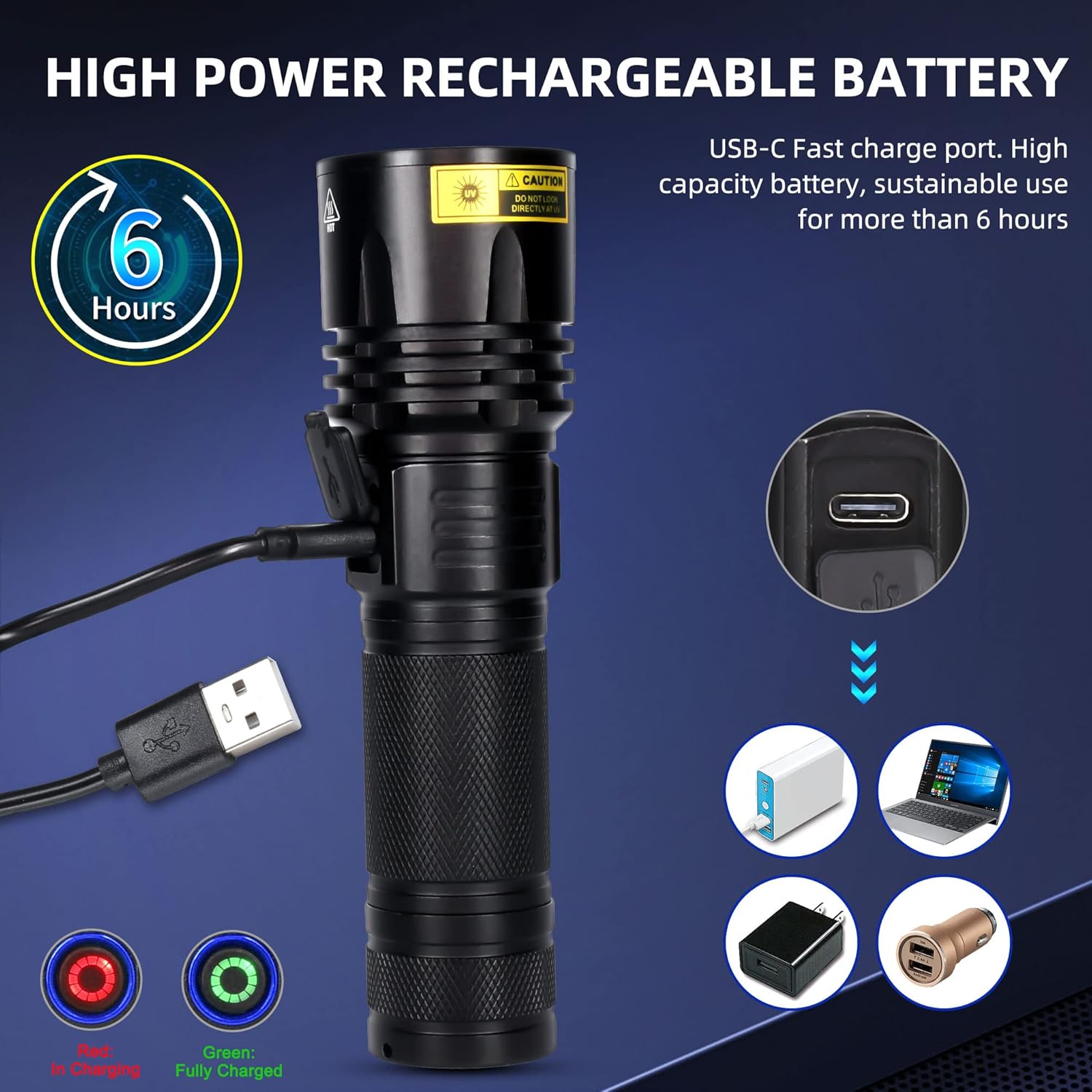 DARKBEAM UV Flashlight B14 connected to USB-C charger