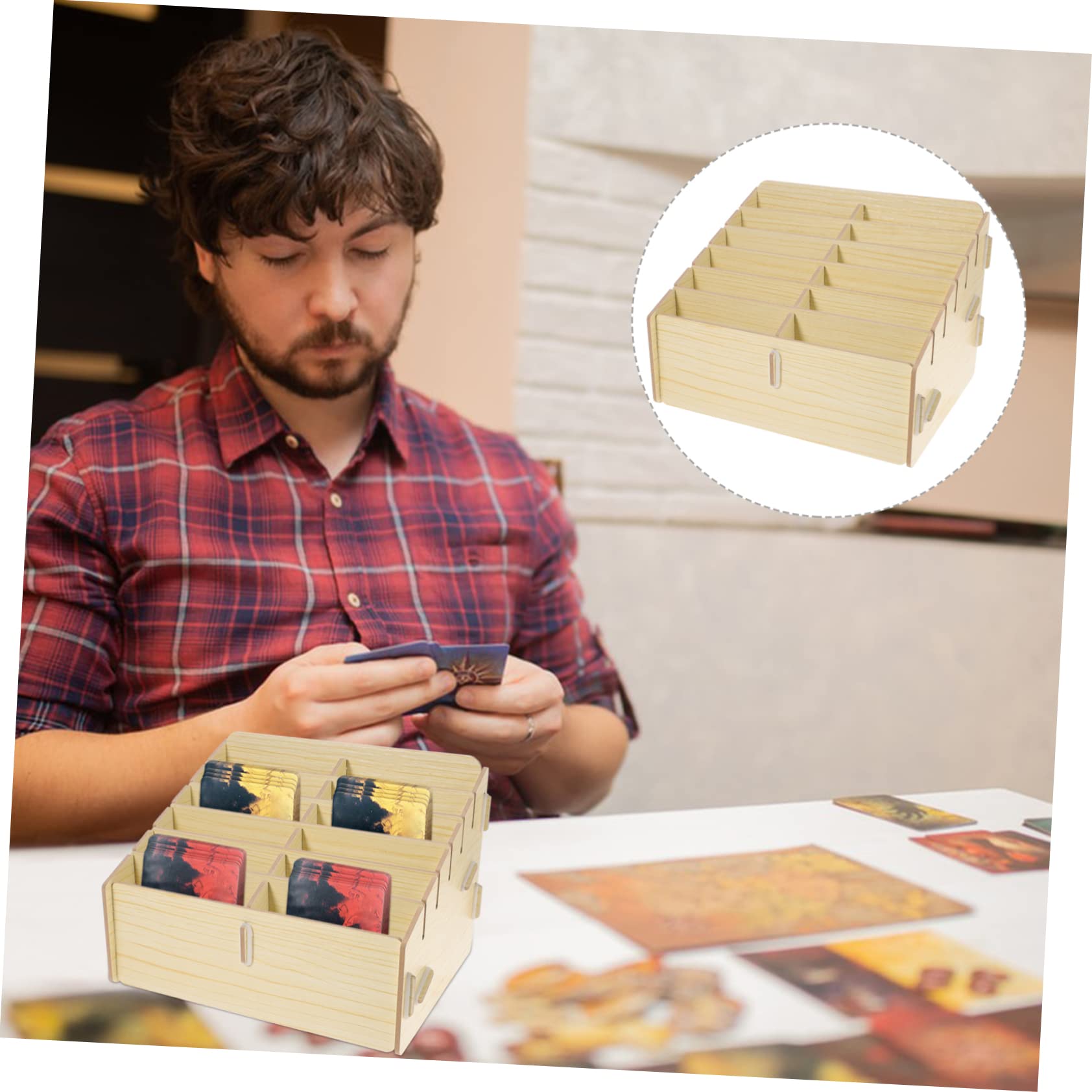 Hohopeti Caja Organizadora de Madera Múltiples Compartimentos para Almacenamiento de Cartas de Juego y Objetos Pequeños, Fácil de Transportar y Gran Capacidad
