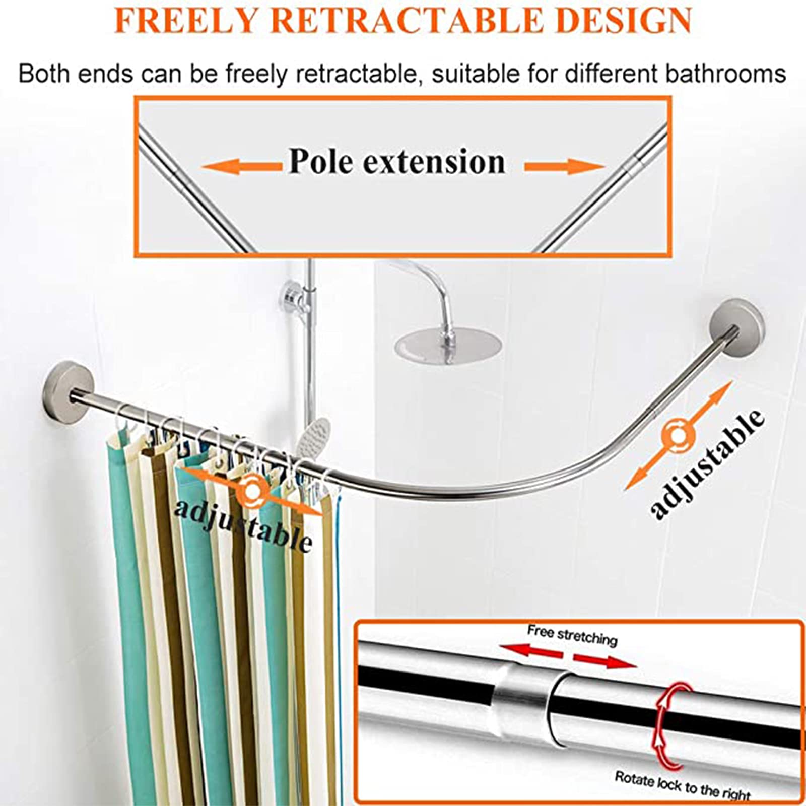 Barra de cortina de ducha curvada ajustable, sin taladro, barra extensible de acero inoxidable para esquina de baño y bañera (39-55 pulgadas), fácil instalación, diseño que ahorra espacio, resistente