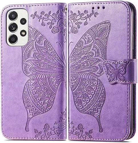 Funda tipo cartera para Samsung Galaxy A53 5G, piel sintética de alta calidad con diseño de mariposa en relieve, función atril, ranuras para