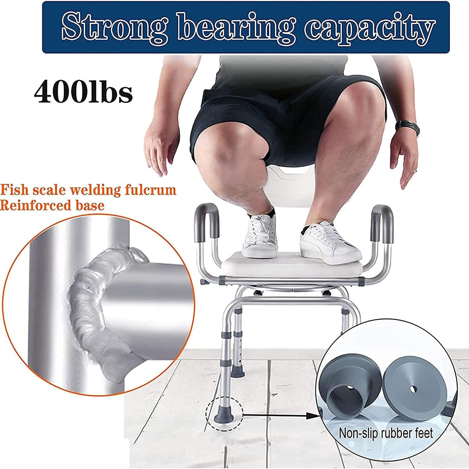 Silla de Ducha Giratoria 360 ° con Respaldo y Apoyabrazos, Asiento de Ducha Taburete de Baño Altura Ajustable Silla de Baño para Embarazadas Ancianos Discapacitados, Capacidad de 400LBS