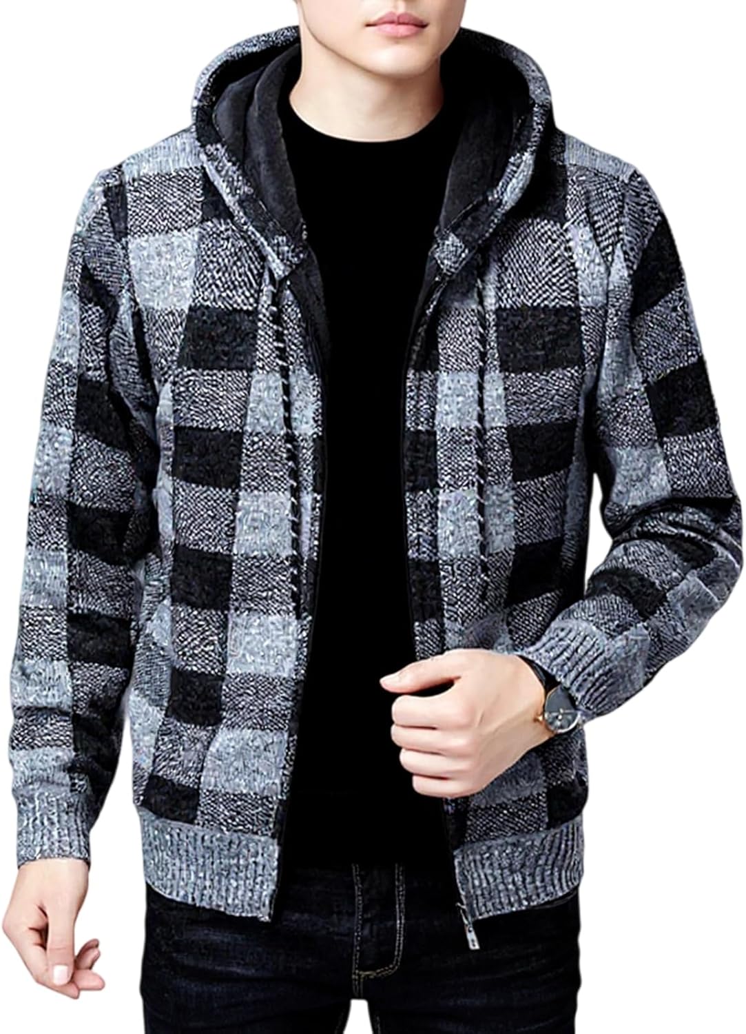 Men's Loose Casual Thick Coats Checkered Big And Tall Hooded For Men Knitted Long Sleeve Sweater Winter Clothes