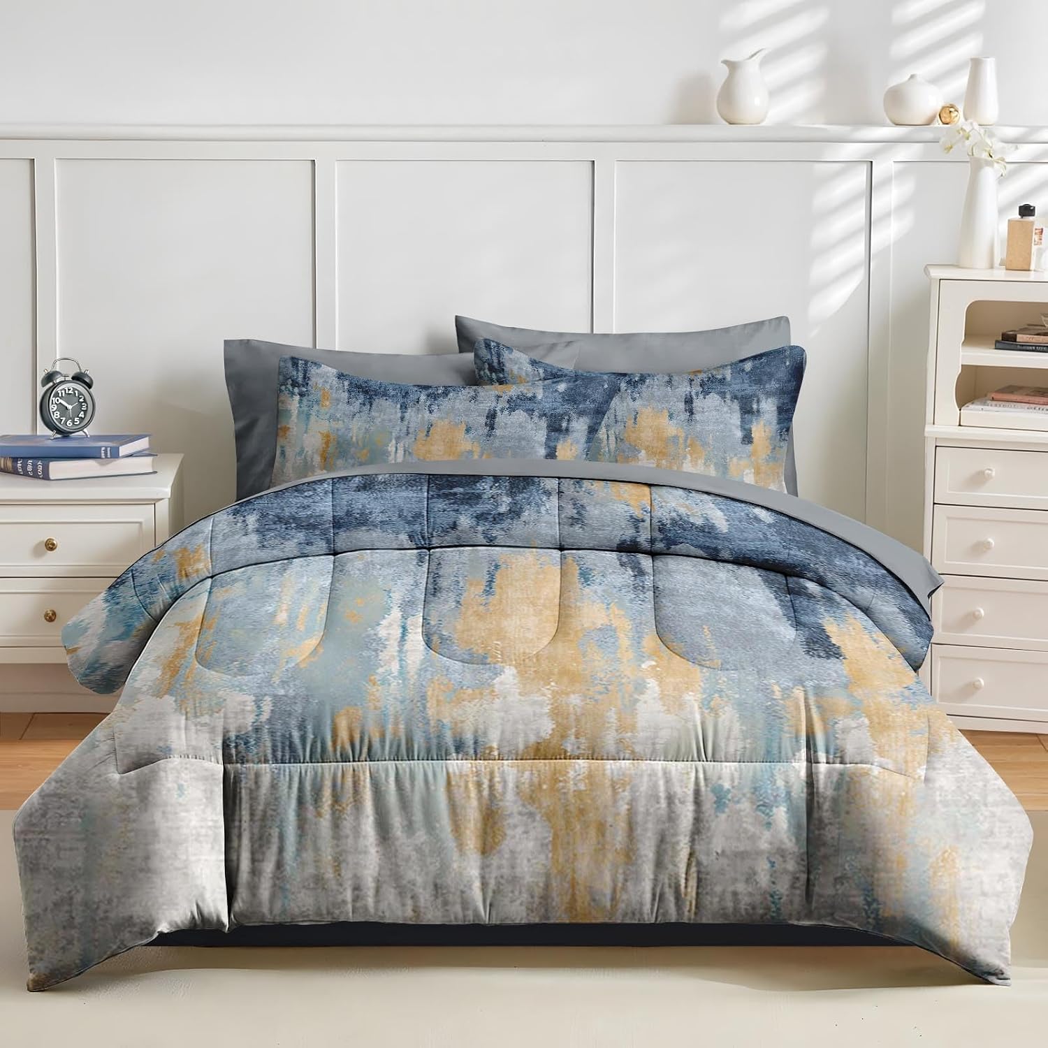 Nesker 7 Pcs Comforter Set Queen Size, Abstract Oil Painting Bedding Set for Kids and Adults, Navy Blue Gray Gold White Bed Sheet Sets with Fitted Sheet 2 Pillowcases & 2 Shams