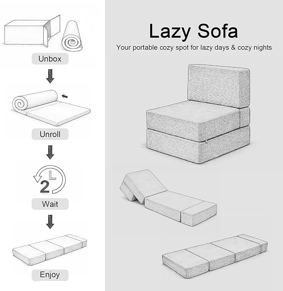 Foldable Sofa Bed Chair, Grey Convertible Memory Foam Lounge Chair