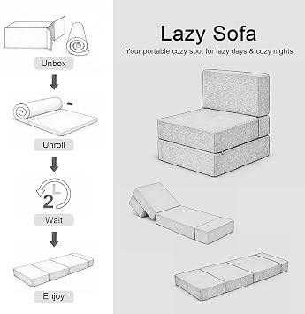 Foldable Sofa Bed Chair, Grey Convertible Memory Foam Lounge Chair