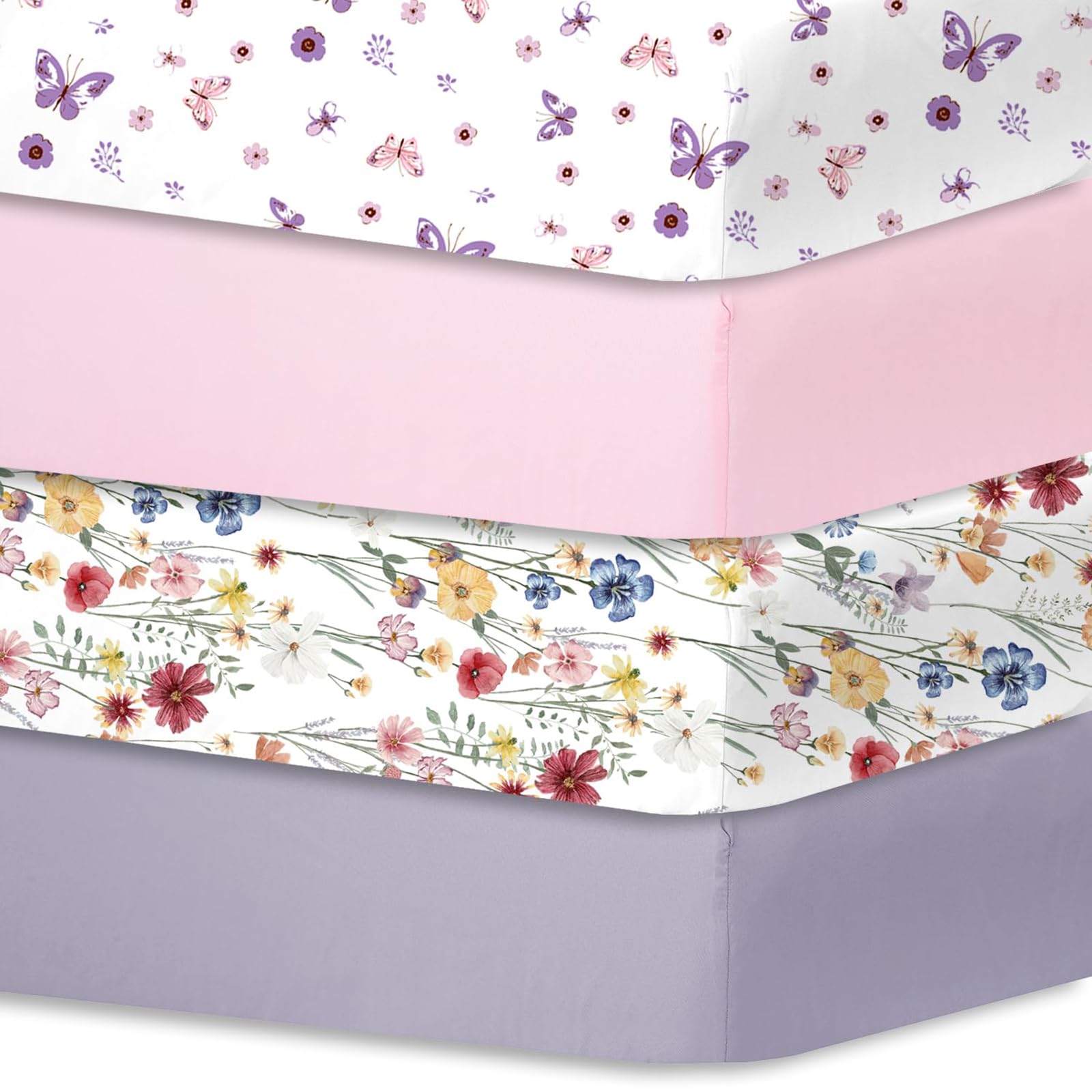 Little Grape Land Spannbettlaken Spannbetttücher für Babybetten Kinderbett, atmungsaktives Mikrofaser Matratzenbettlaken, Oeko-TEX Zertifiziert, 70x140cm, 4er, Schmetterling/Rosa/Blumen/Graulila