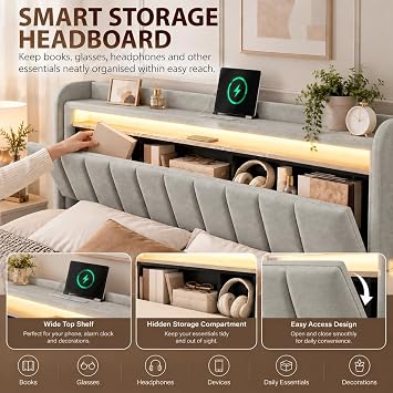 Double Bed Frame with Storage, 4ft6 Ottoman Bed 135x190cm with Hydraulic Lift, Velvet Upholstered Bed with LED Headboard, USB & Type-C Charging, Storage Headboard, Grey, No Mattress