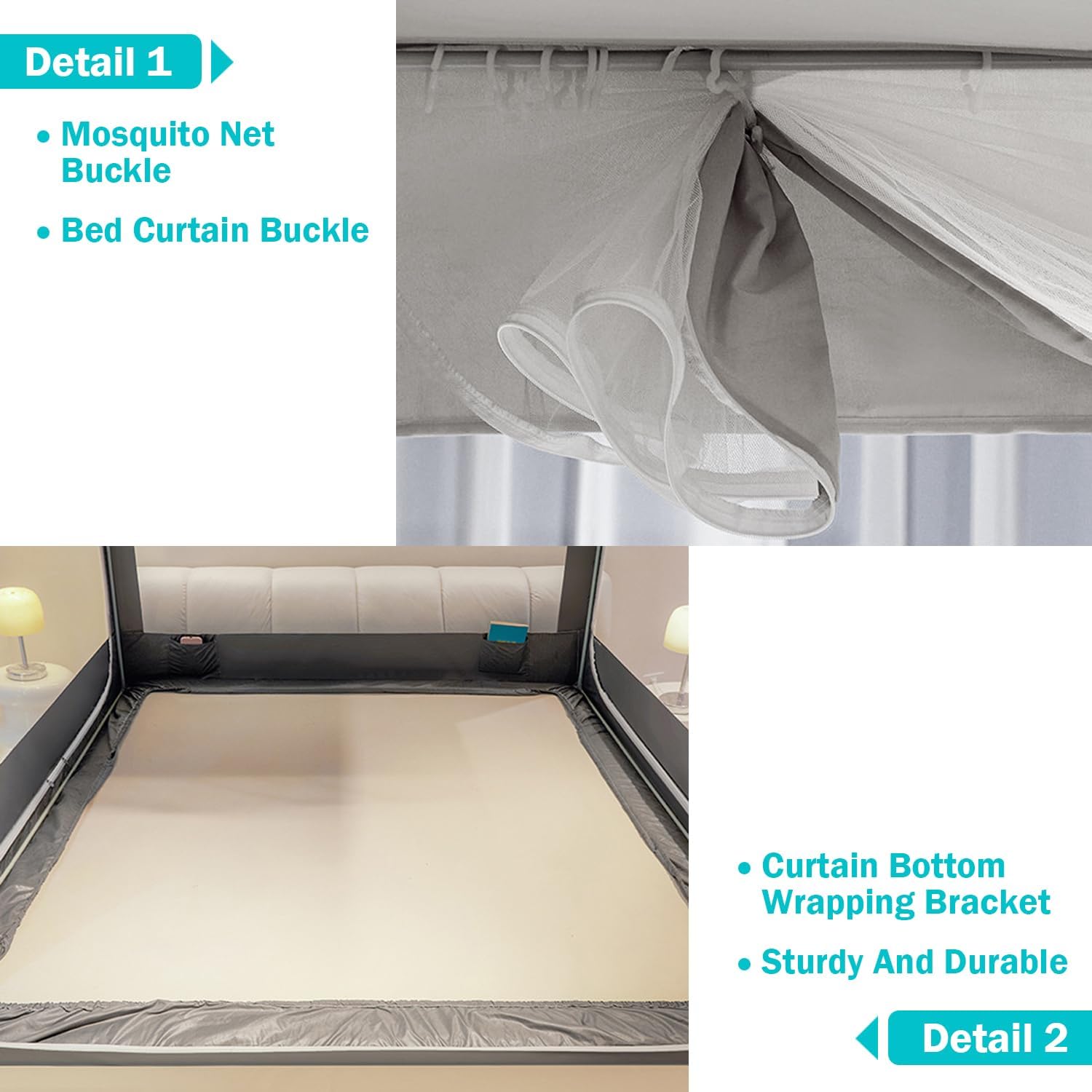 Queen Size Painted Stainless Canopy Bed Frame，with Covered Mosquito Net and 3PCS Completely Blackout Canopy Bed Curtains