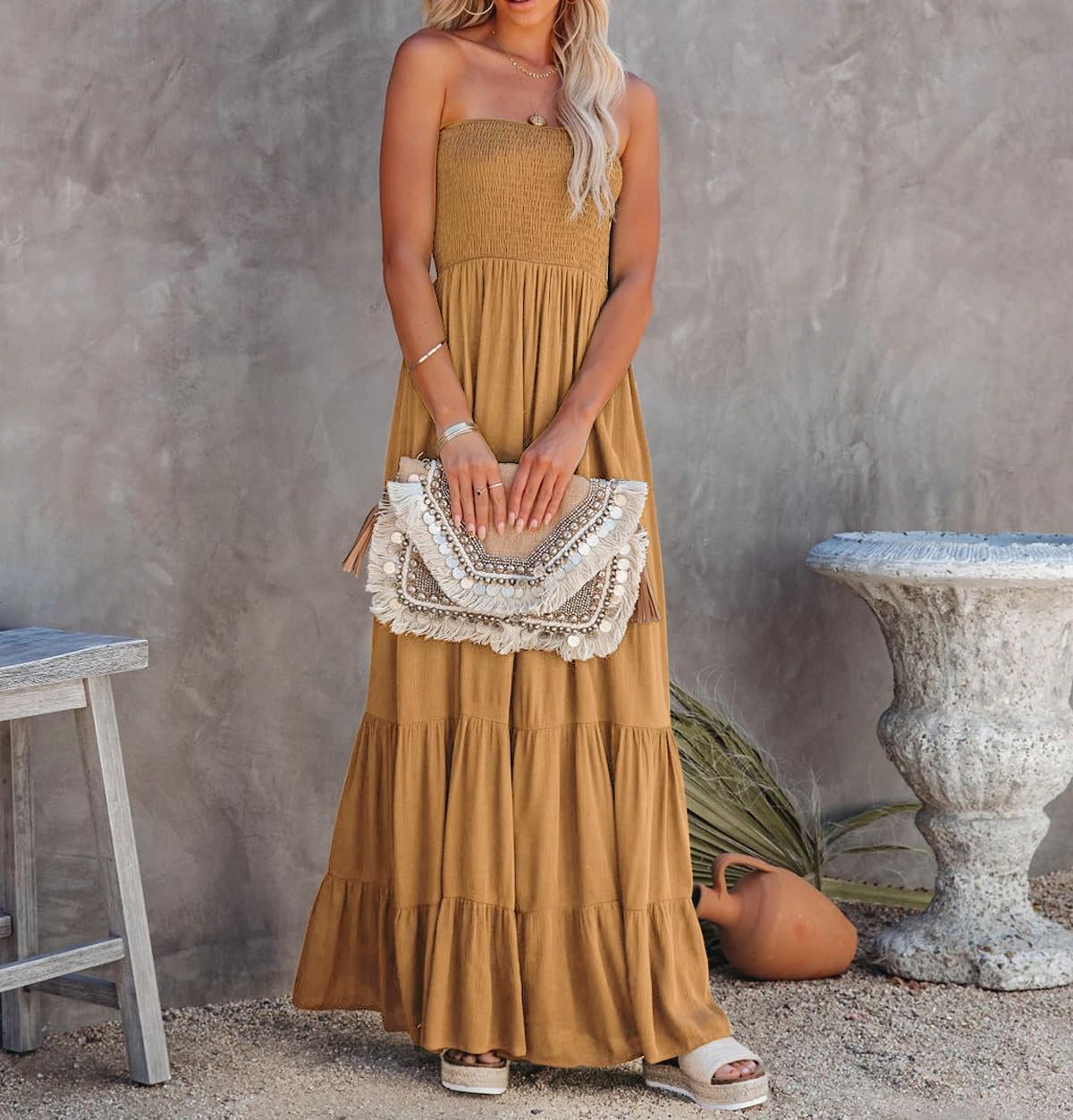 R.Vivimos Womens Summer Cotton Strapless Elastic Smocked Boho Beach Casual Flowy Maxi Tube Dresses - Image 3