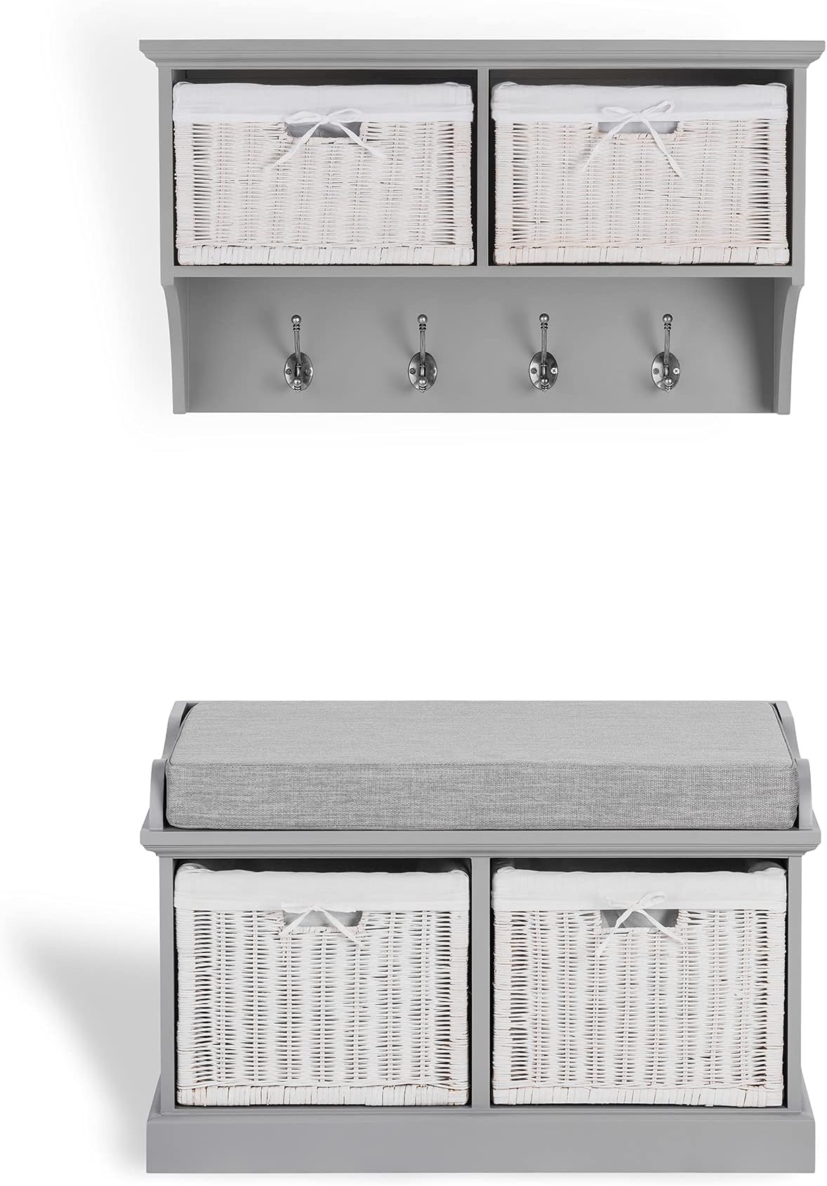 Tetbury Hallway Coat Rack and Bench. Dove Grey hanging shelf and storage bench. Fully Assembled hallway furniture.