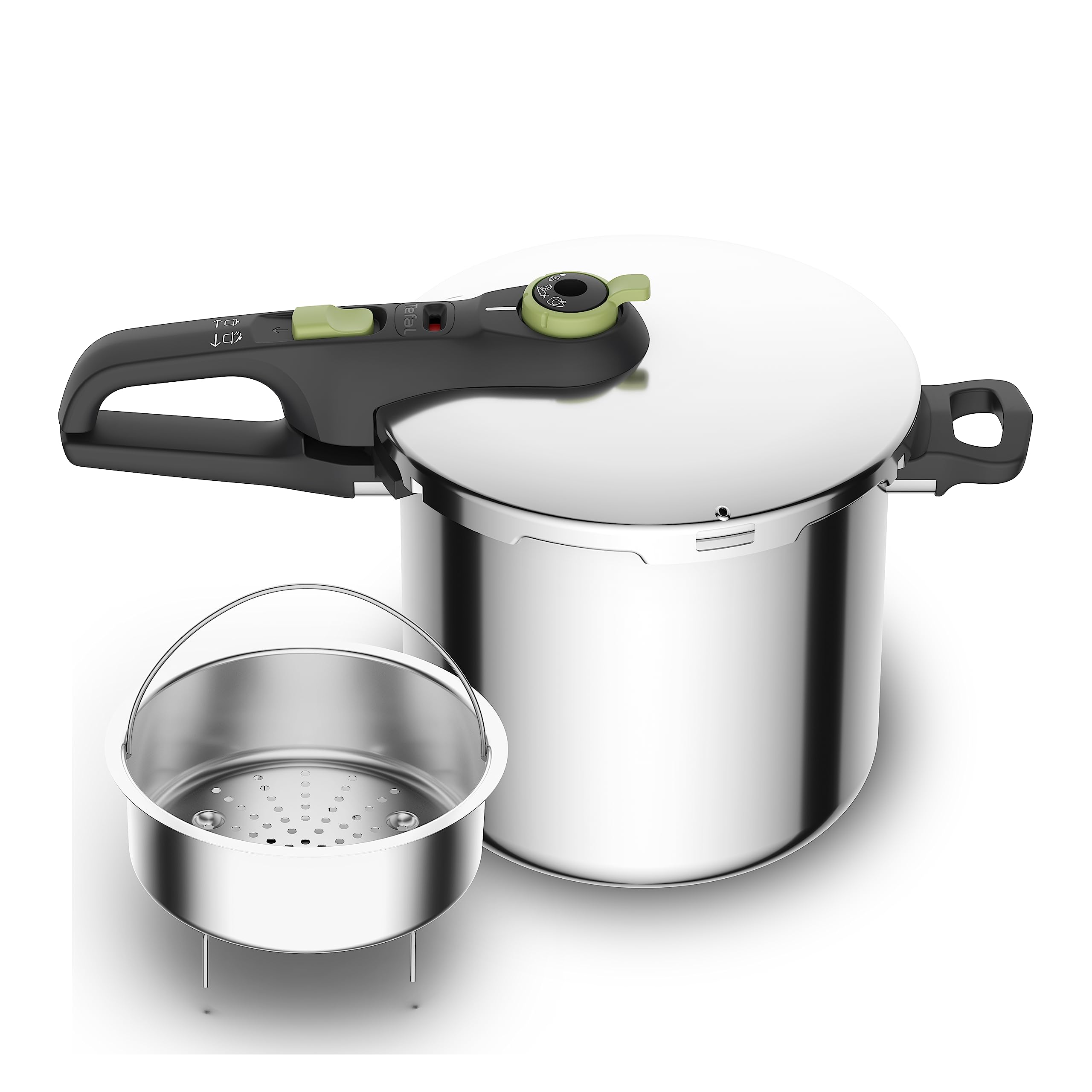 Tefal Olla a presión Secure Trendy 8L con cestillo - Dos programas, verdura y carne, comidas más rápidas, resultados tiernos, tapa de cocción a presión, apto para inducción