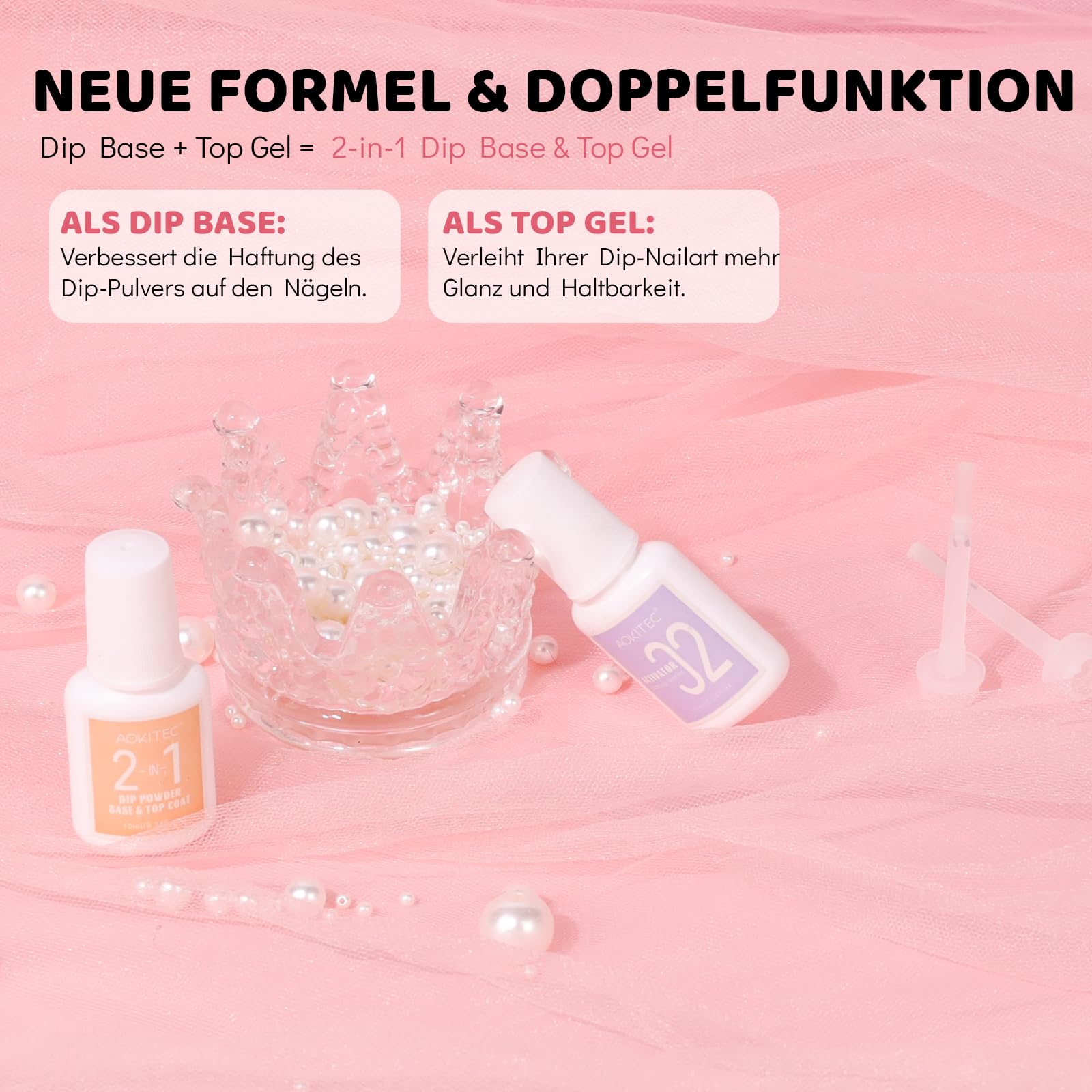 Aokitec Dipping Powder Nail Set – różowy i błyszczący proszek do dipów z płynną bazą do dip bazy, akcesoria do paznokci, zestaw do łatwego zabrania ze sobą, do samodzielnego wykonania paznokci