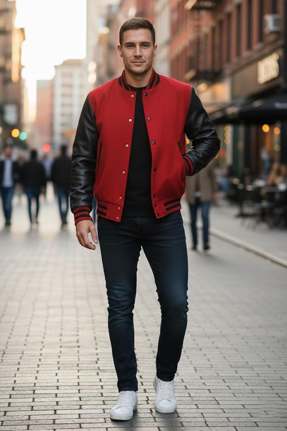 Mens Varsity Letterman Jacket with Leather Sleeves – Wool College Baseball Bomber Jacket for High School