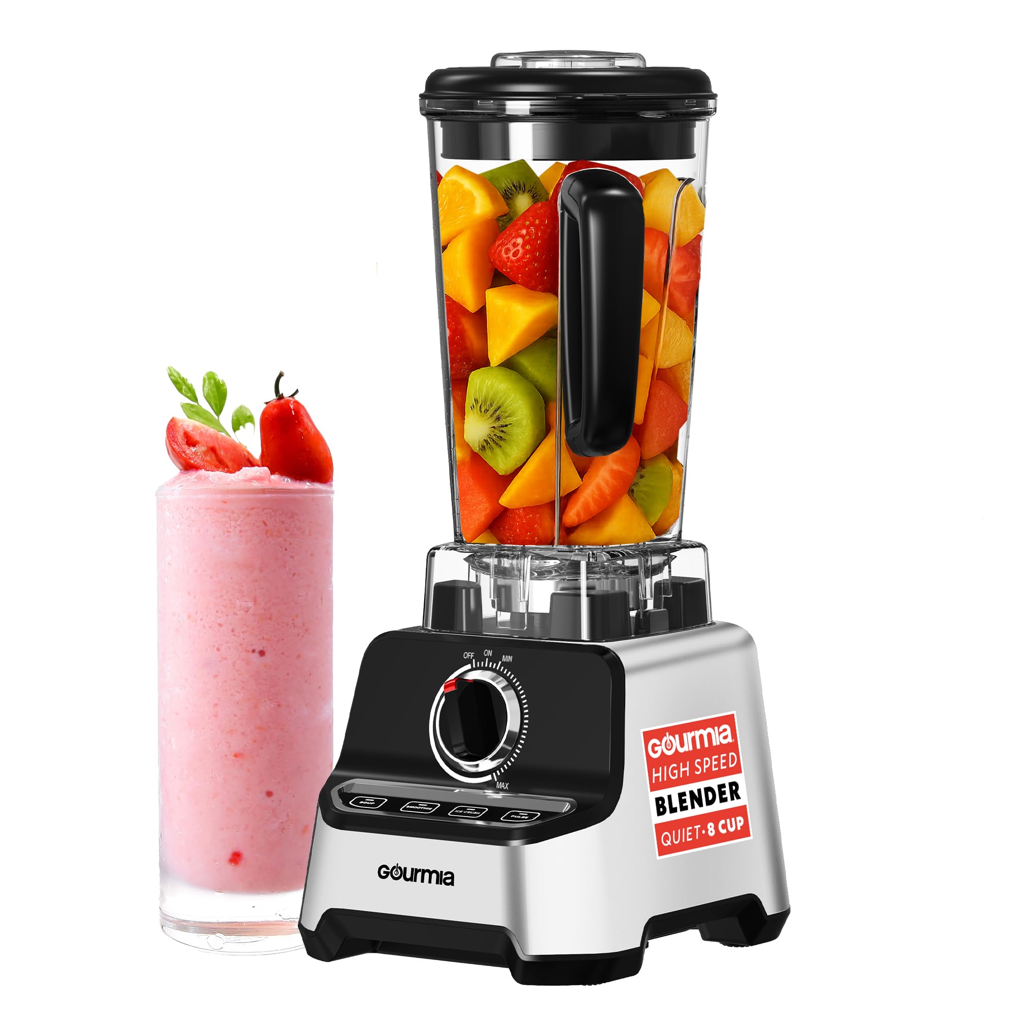 Gourmia Heavy Duty Countertop Blender – 2L BPA-Free Pitcher, 1500W High-Speed Motor, 45,000 RPM, 4 Presets, Variable Speed Dial, Built-In Tamper, Dishwasher-Safe Parts, Stainless Steel